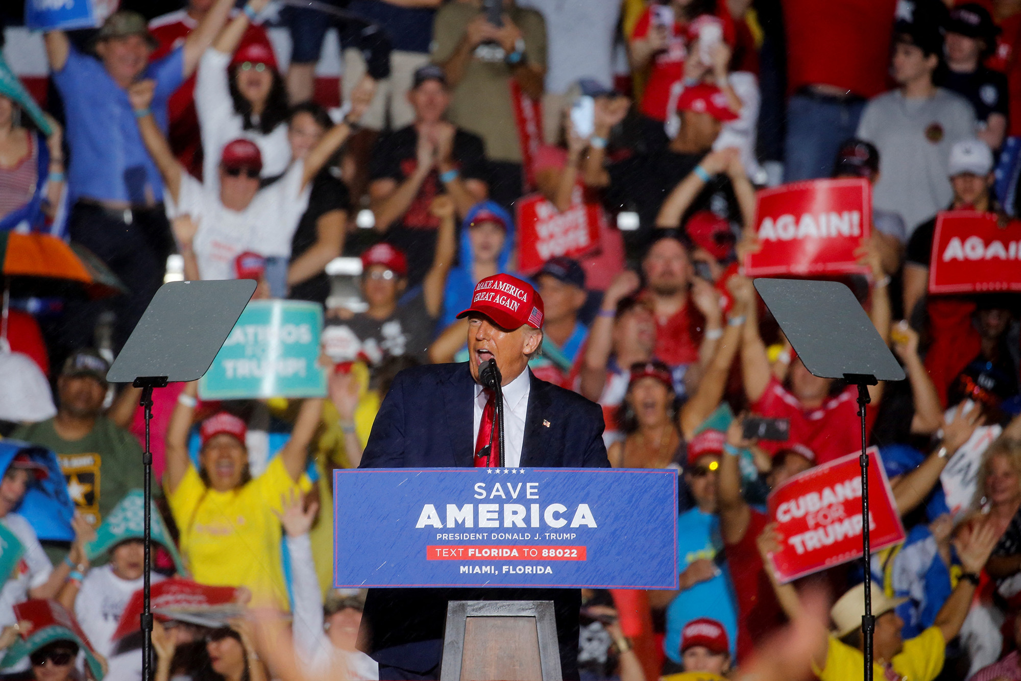 Former U.S. President Donald Trump speaks during a rally ahead of the midterm elections, in Miami, Florida, on November 6.