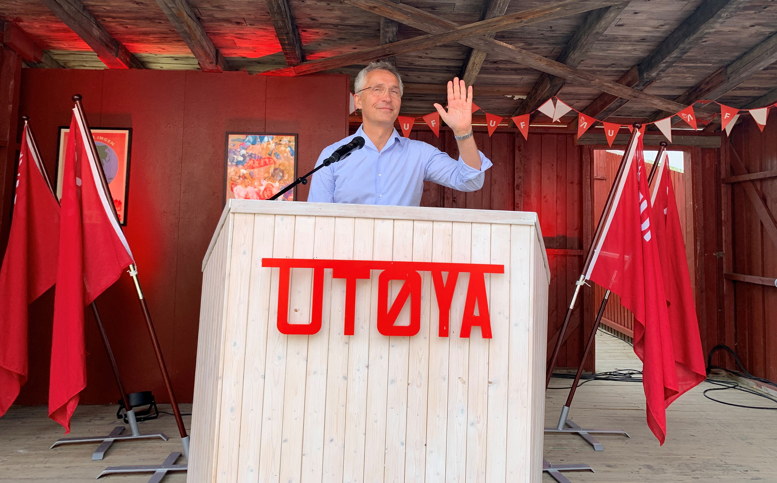 NATO Secretary General Jens Stoltenberg gives a speech to a youth camp in Utoya, Norway, on August 4.