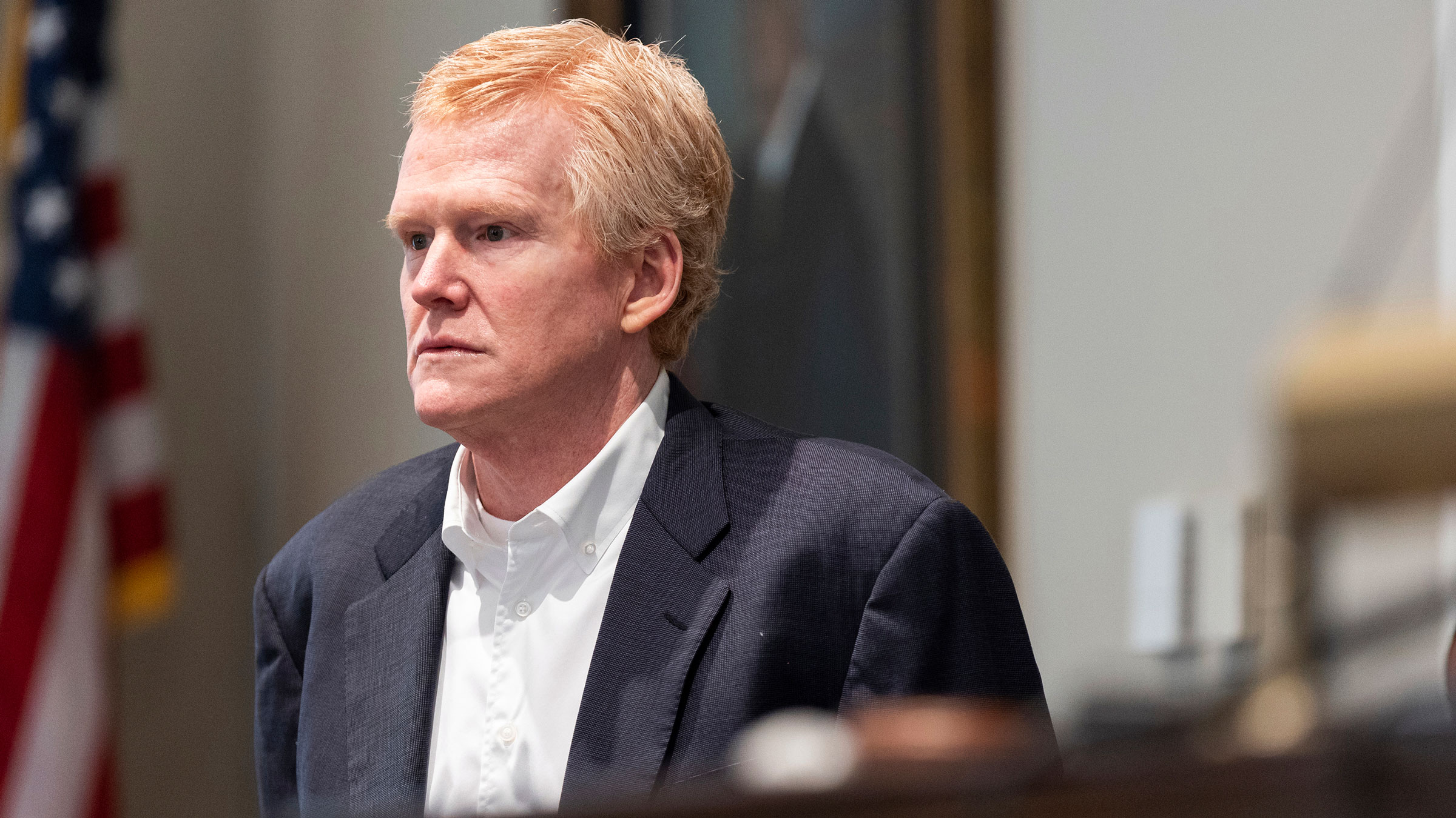 Alex Murdaugh stands next to the witness booth during a break in his trial Thursday.