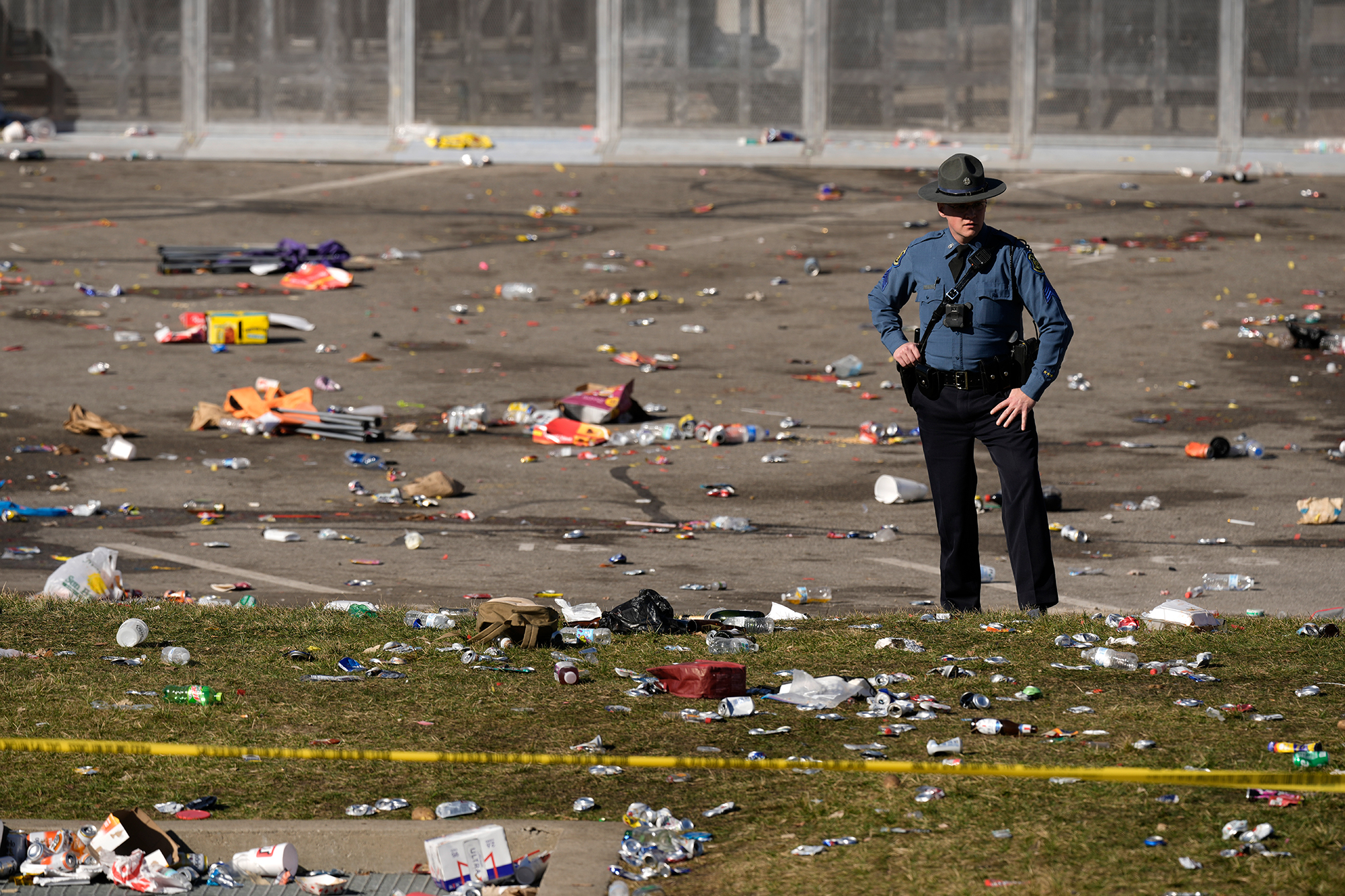A law enforcement officer looks around the scene after the shooting in Kansas City, Missouri, on February 14. 