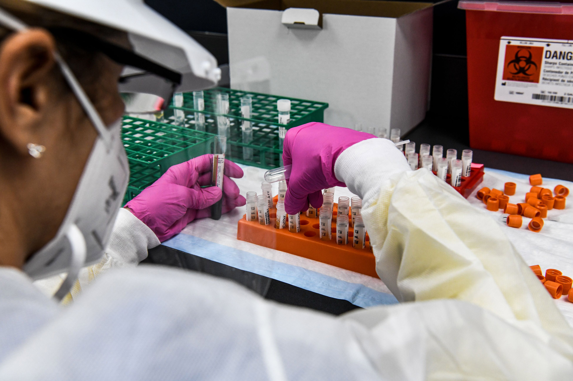 A lab technician sorts blood samples inside a lab for a COVID-19 vaccine study at the Research Centers of America in Hollywood, Florida, on August 13.