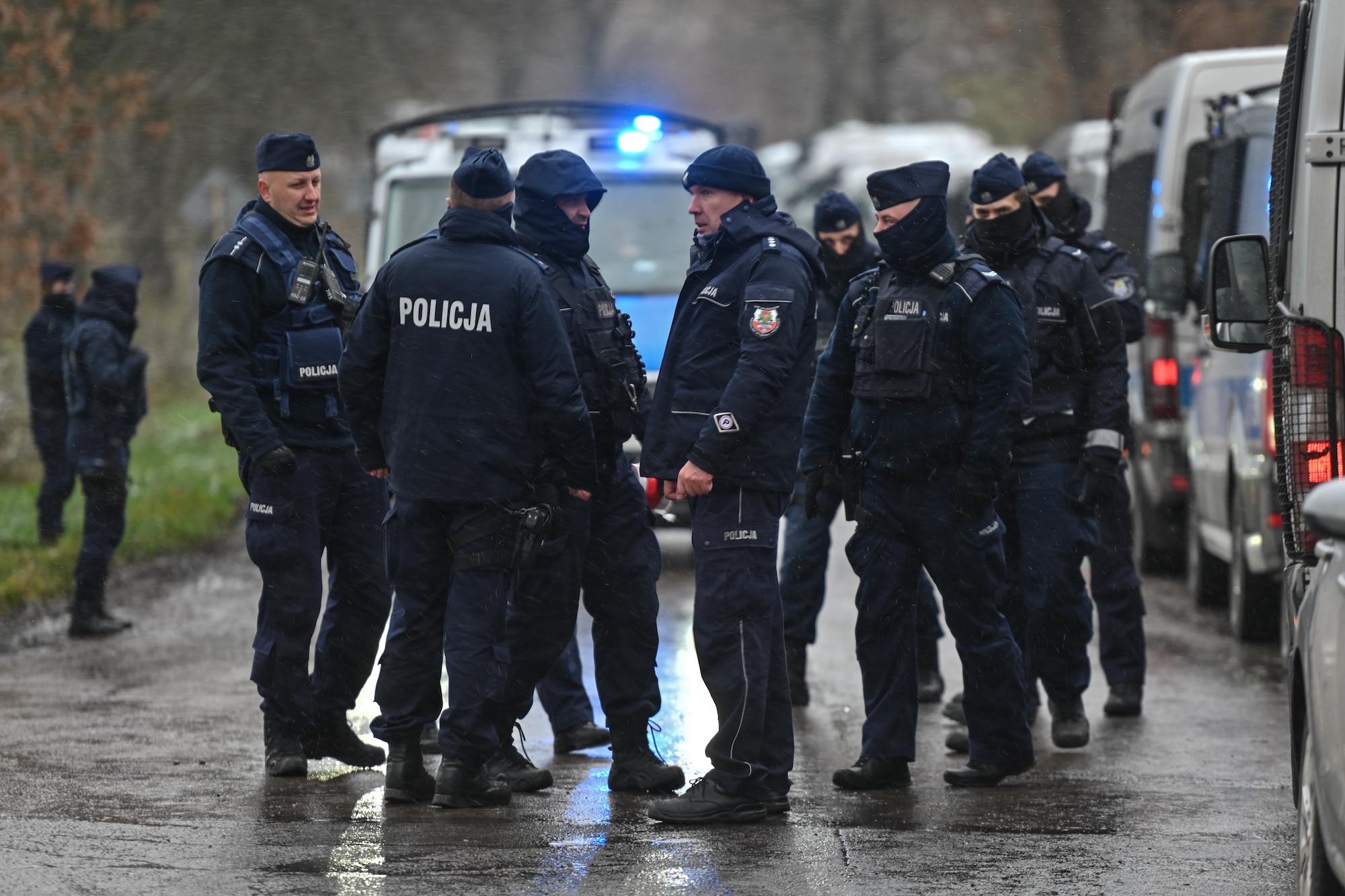 Police prepare for the arrival of Polish President Andrzej Duda in Przewodow on Thursday.