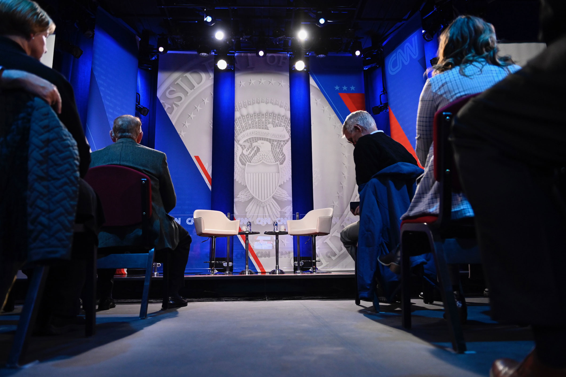 The stage sits empty ahead of a CNN Republican Town Hall with Florida Gov. Ron DeSantis at Grand View University in Des Moines, Iowa, on Tuesday, December 12.