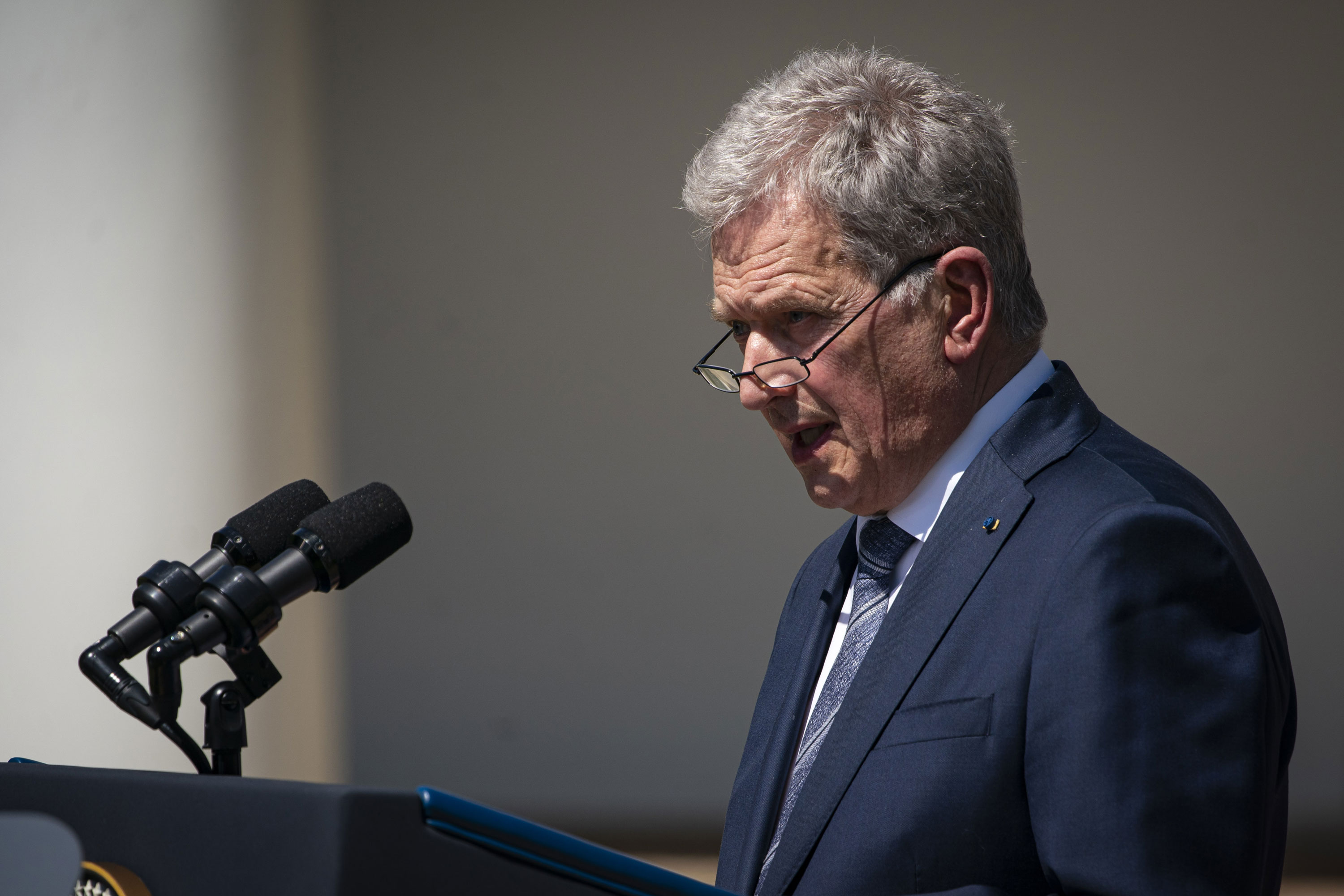 Sauli Niinistö, Finland's president, speaks during a news conference in Washington, DC, on May 19.