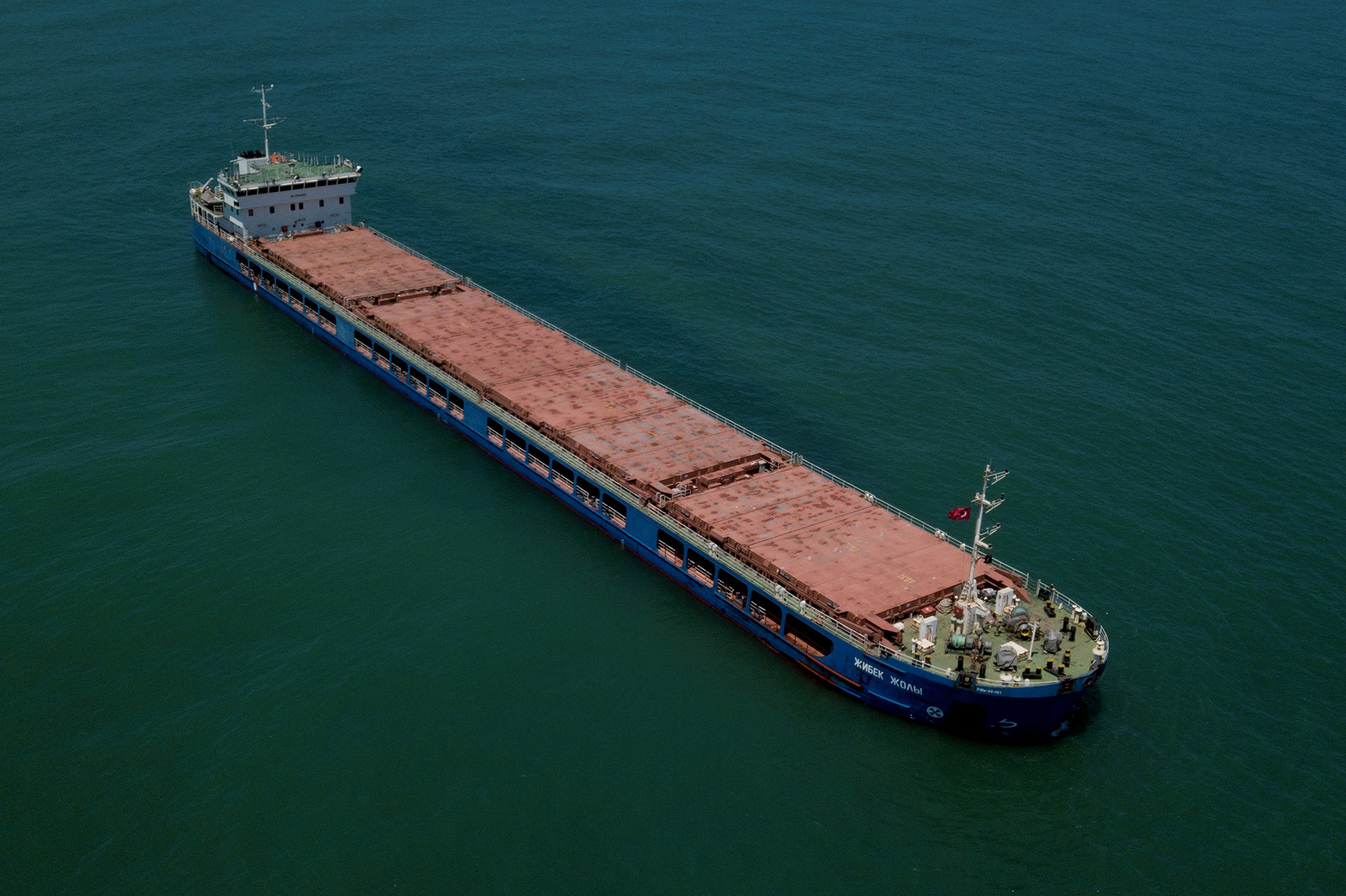 This aerial picture shows a Russian-flagged cargo ship 'Zhibek Zholy' anchored on July 5, on the Black Sea Coast off Turkey