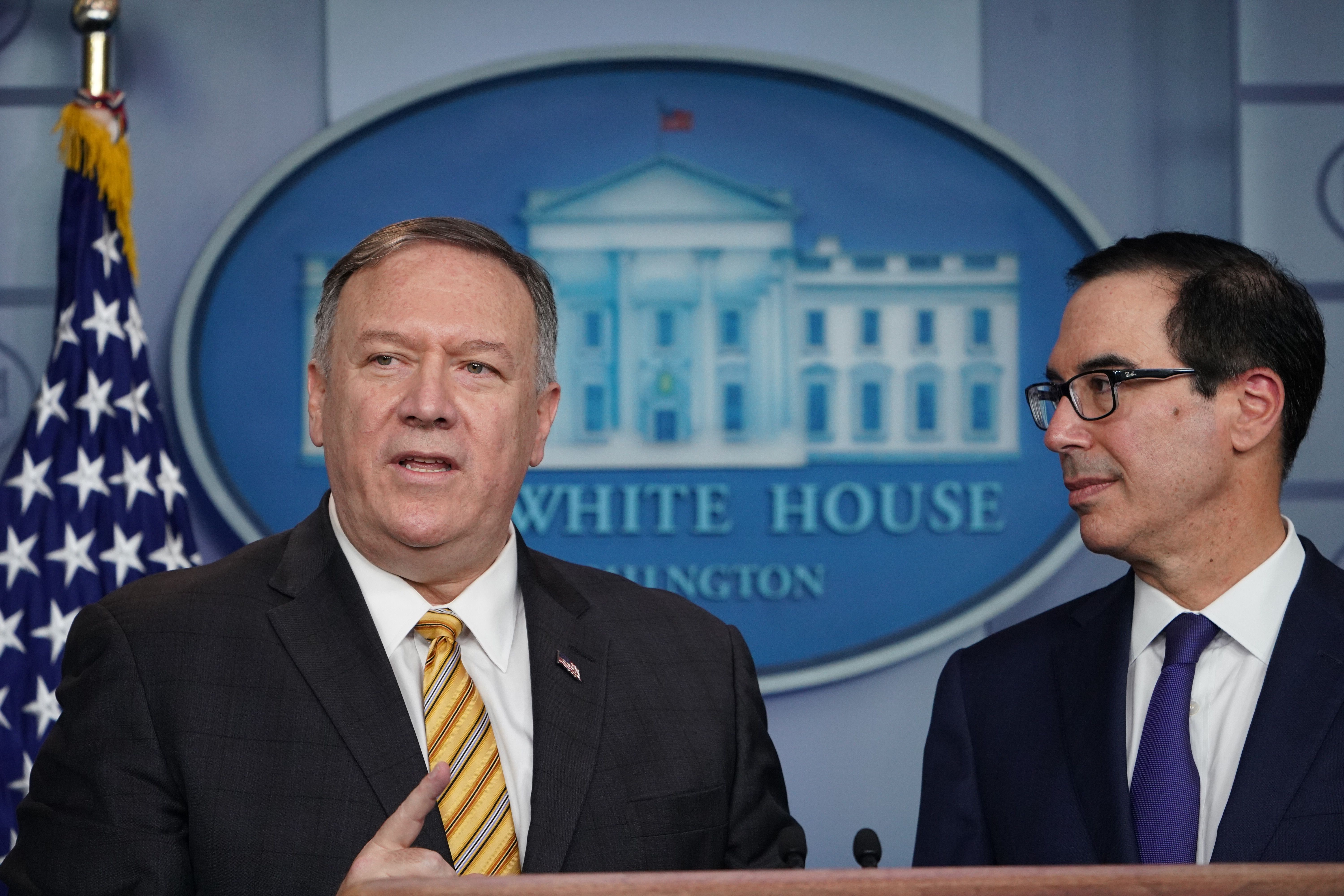 Secretary of State Mike Pompeo and Treasury Secretary Steven Mnuchin brief the media on Sept. 10, 2019, at the White House in Washington, DC. 