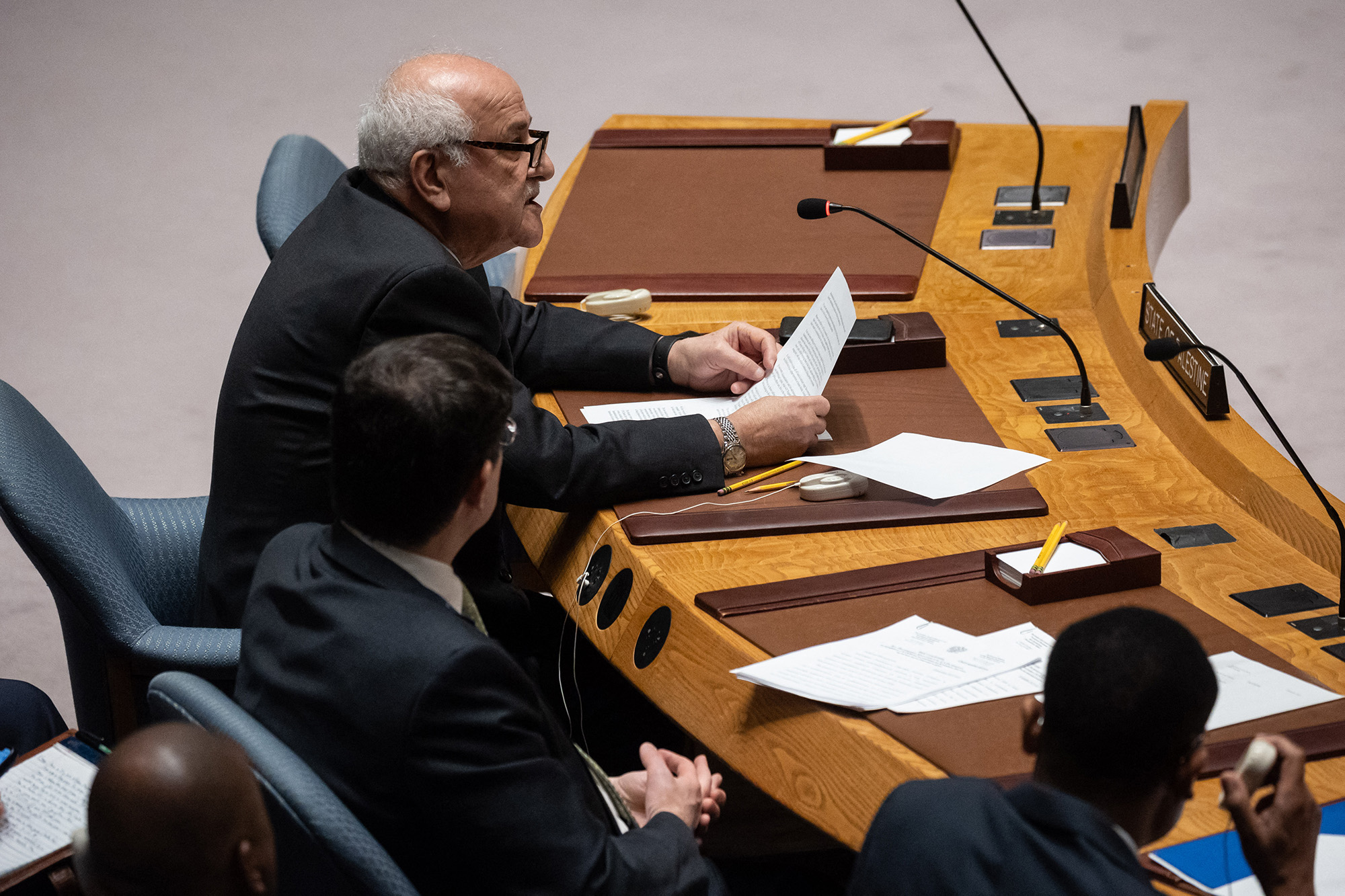 Riyad Mansour, Palestinian Ambassador to the United Nations, speaks during a United Nations Security Council meeting on Gaza, at UN headquarters in New York City on December 8.
