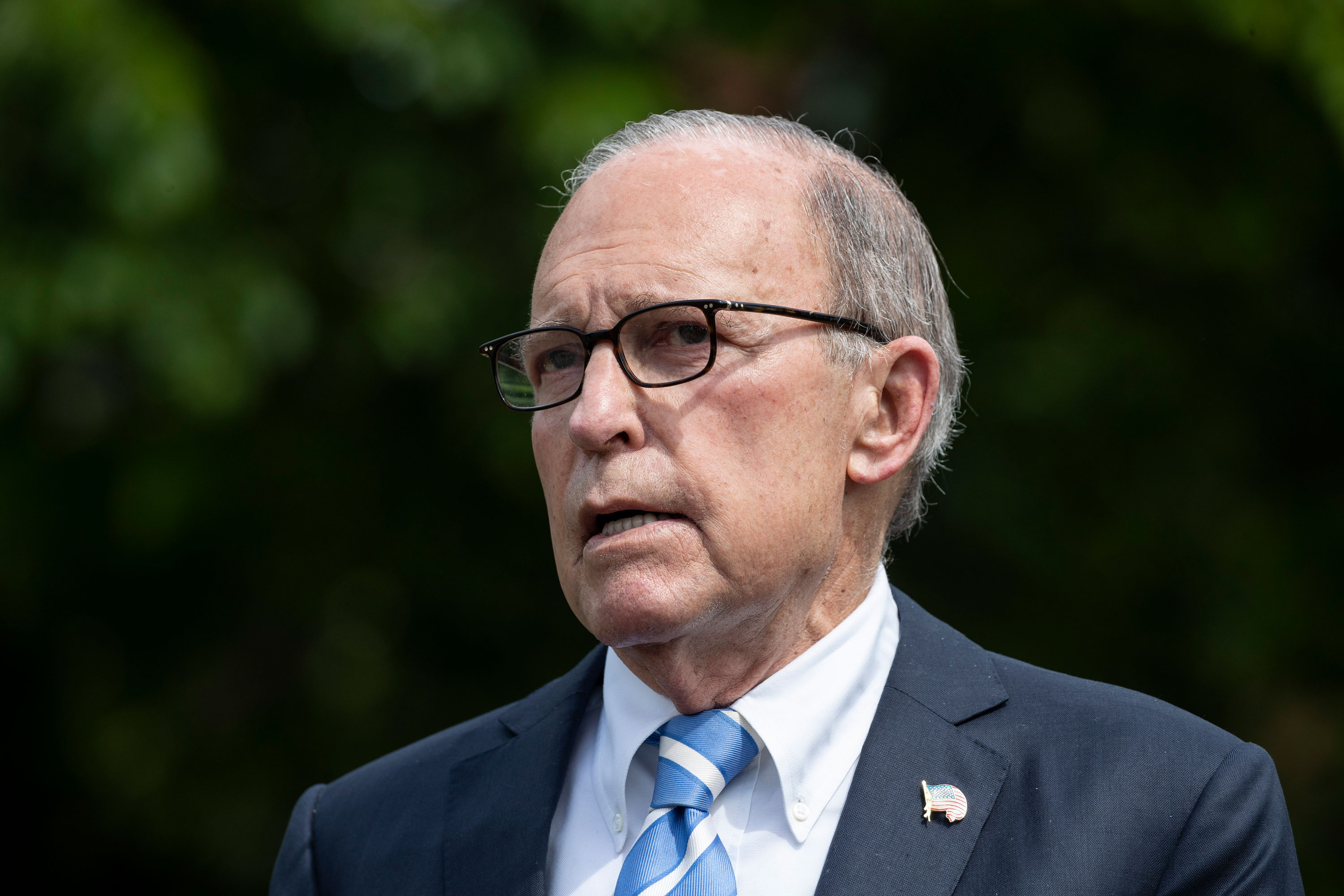 White House chief economic adviser Larry Kudlow speaks with reporters at the White House on May 15 in Washington. 