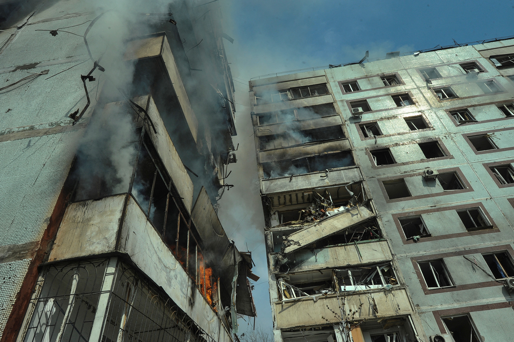 A view shows a residential building damaged by a Russian missile strike in Zaporizhzhia, Ukraine, on March 22.