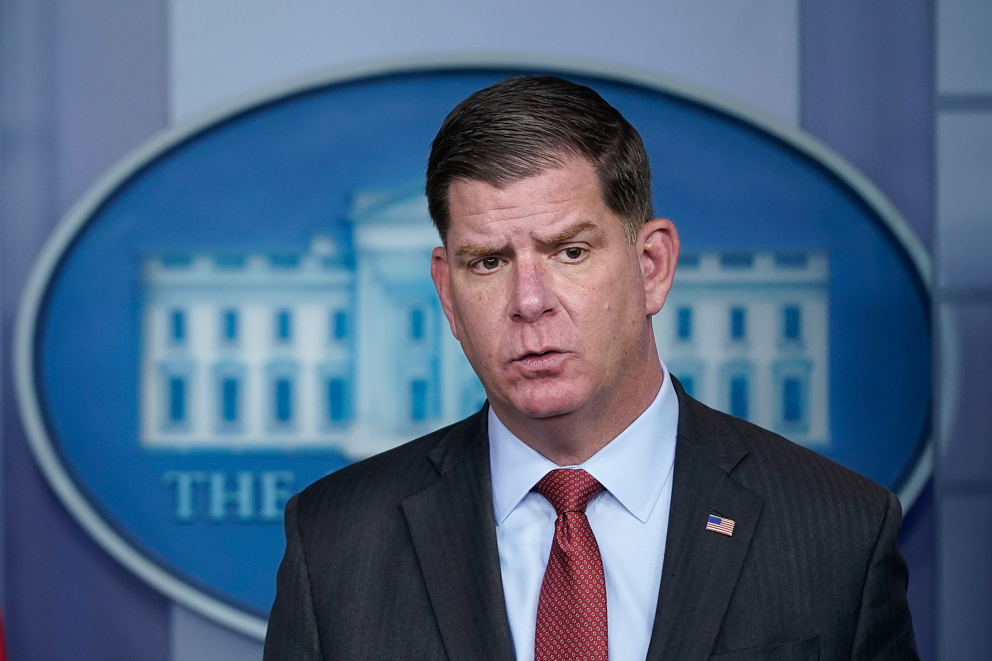Labor Secretary Marty Walsh speaks during the daily press briefing at the White House on April 2, 2021, in Washington, DC.