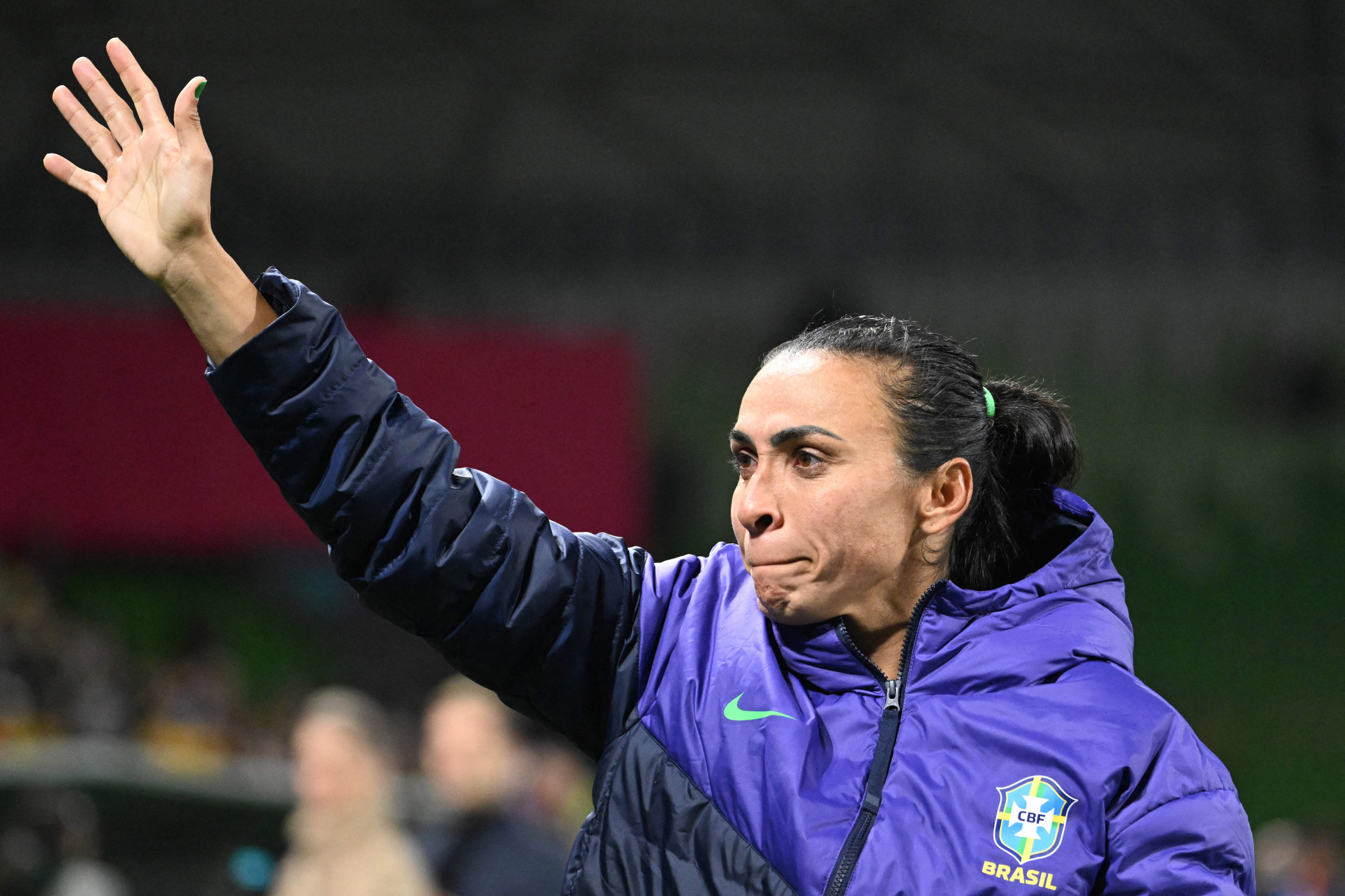 Brazil's forward Marta waves after the match, serving as her final World Cup game, against Jamaica at Melbourne Rectangular Stadium in Melbourne, Australia, on August 2, 2023.