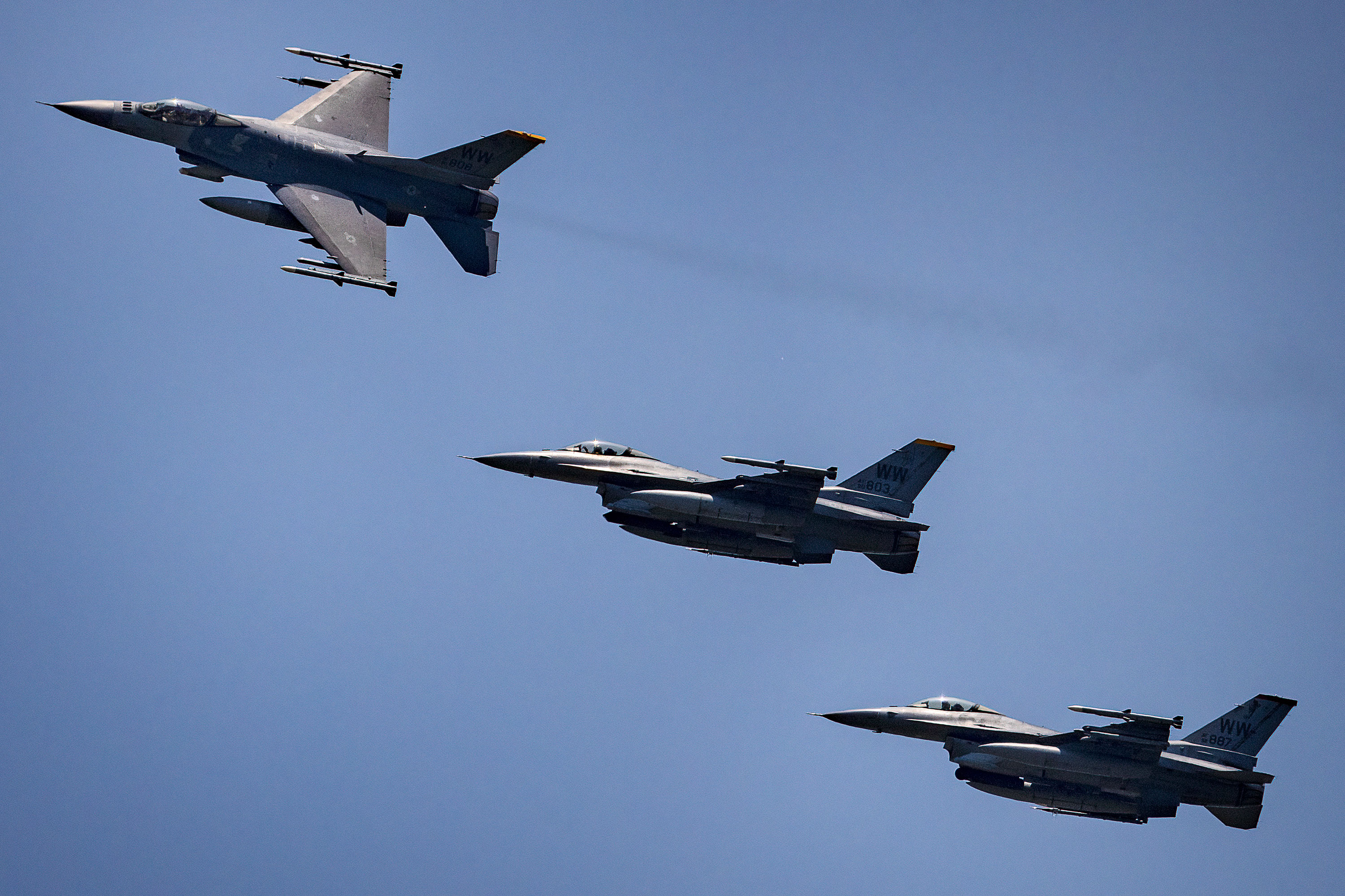 US Air Force F-16 fighter jets fly in formation during US-Philippines joint exercises in Mabalacat, Philippines, on May 9. 