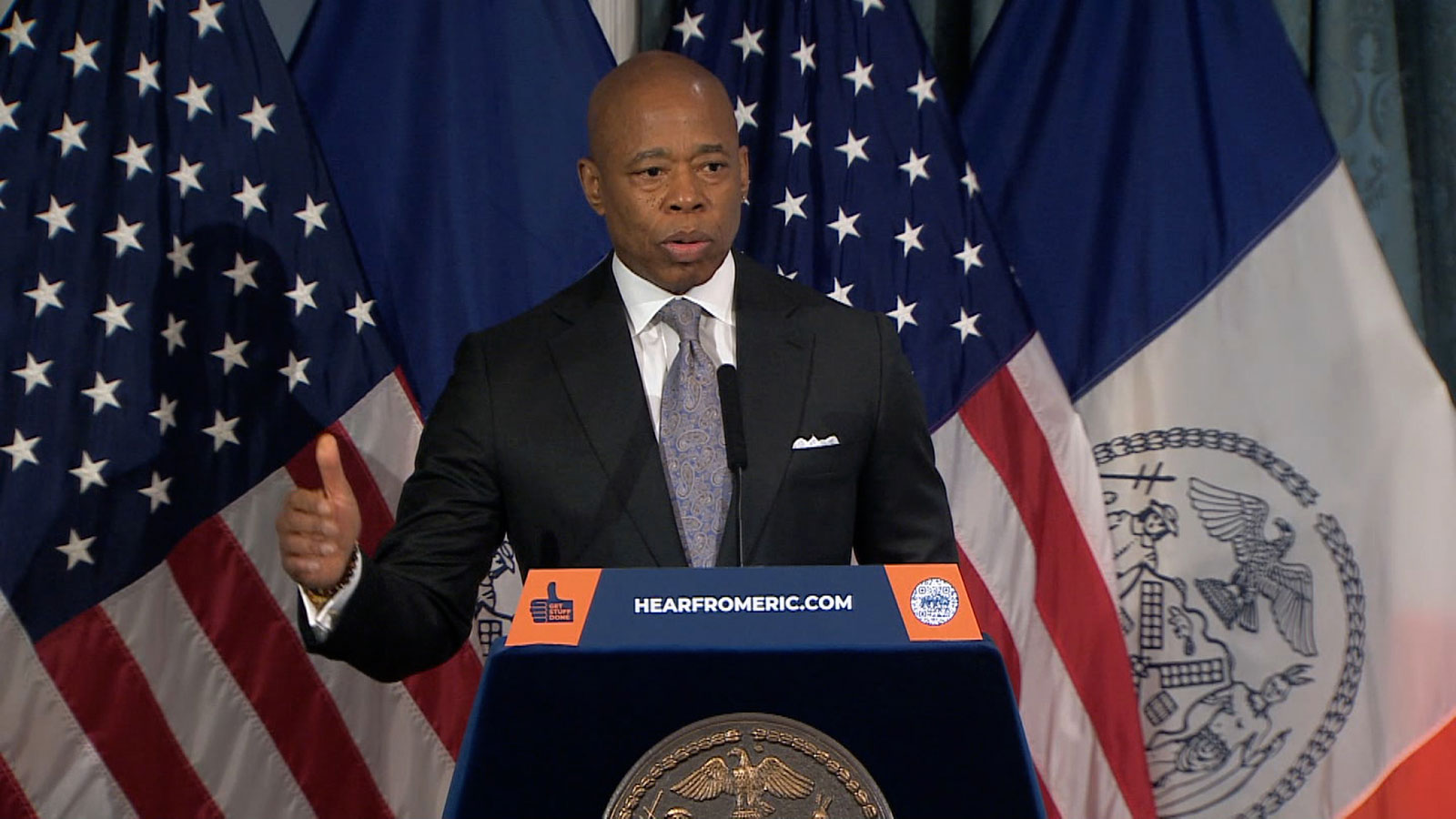 New York City Mayor Eric Adams speaks at a press conference on Thursday.