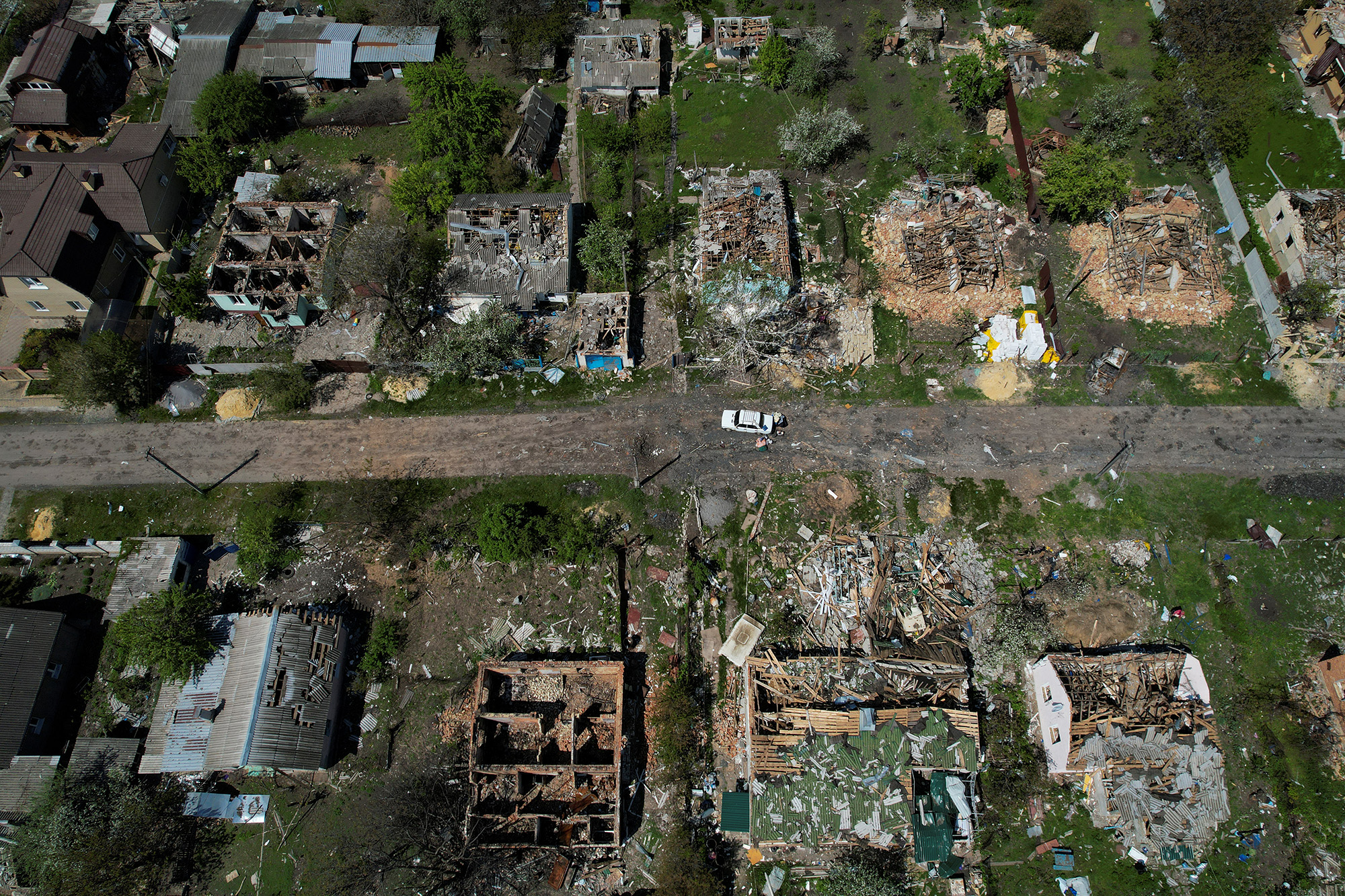 Destroyed houses seen from above in Vilhivka village near Kharkiv, Ukraine, on May 11.