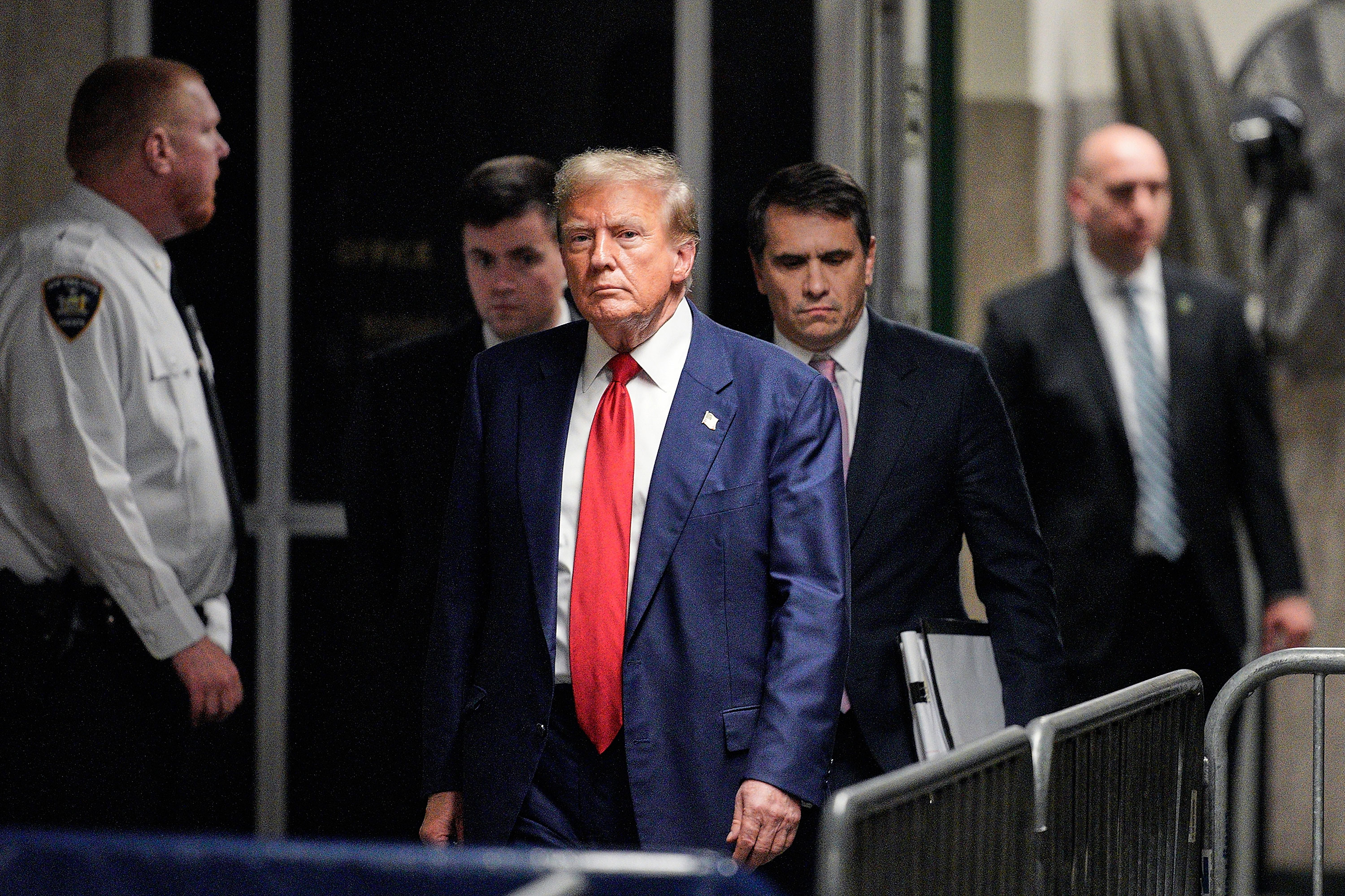 Former President Donald Trump appears outside of the courtroom in New York on April 30. 