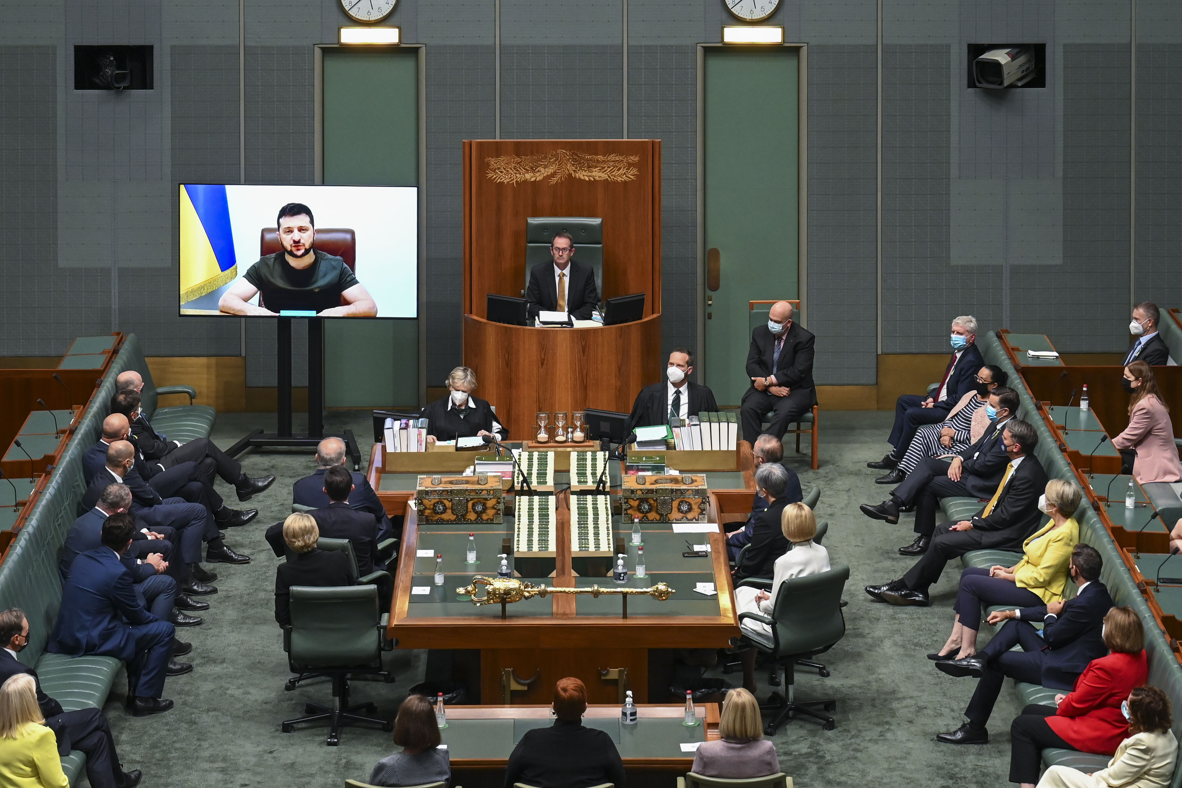 Ukrainian president Volodymyr Zelensky addresses the Australian federal parliament via video link on March 31, in Canberra, Australia.