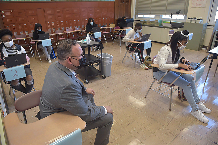 US Secretary of Education, Miguel Cardona visits classes at Beverly Hills Middle School Tuesday April 6. He was on hand to promote the Biden Administration's efforts to open schools for more in-person learning and in support of the American Rescue Plan. 