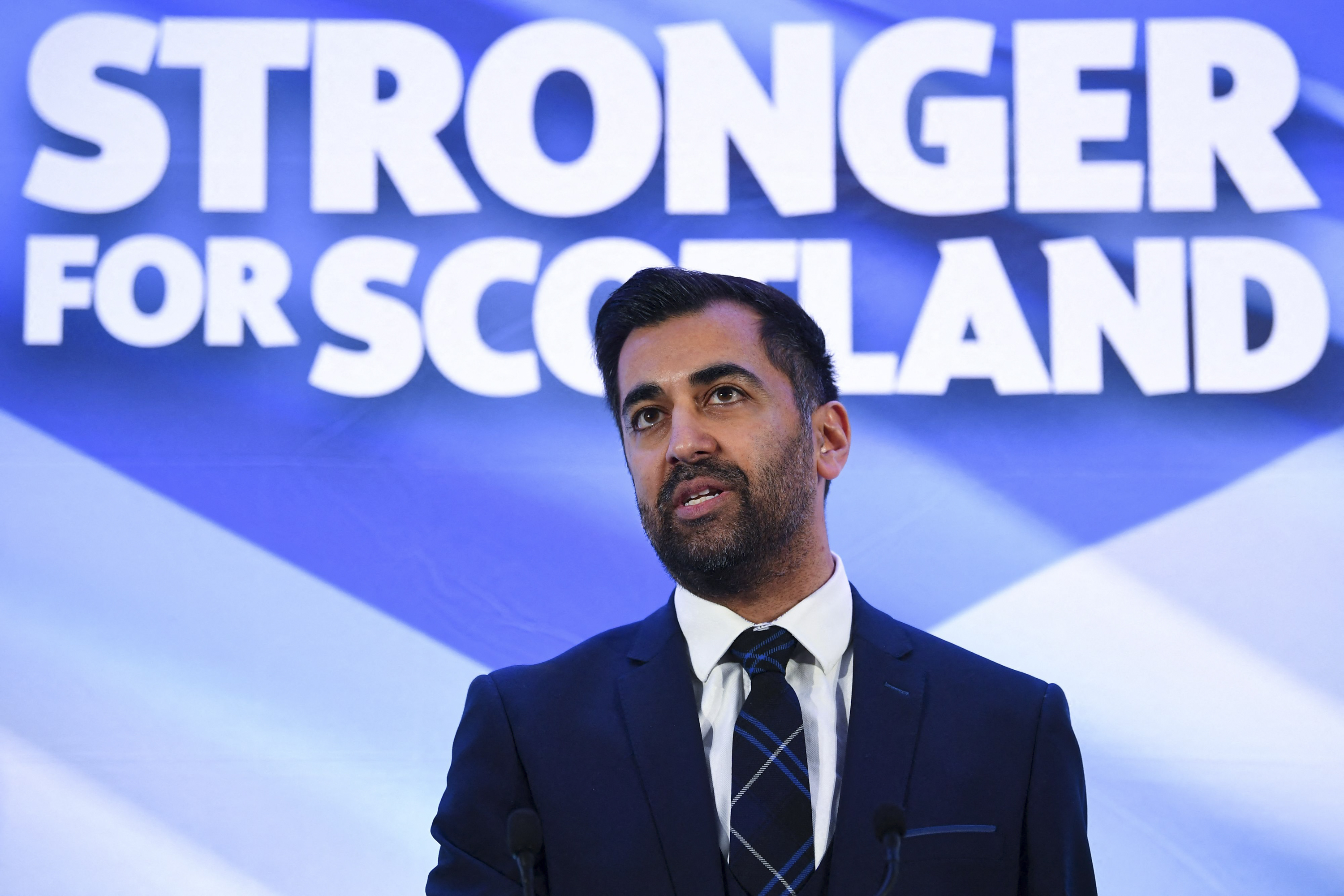 Newly appointed leader of the Scottish National Party (SNP), Humza Yousaf speaks following the SNP Leadership election result announcement at Murrayfield Stadium in Edinburgh, Scotland, on March 27, 2023.