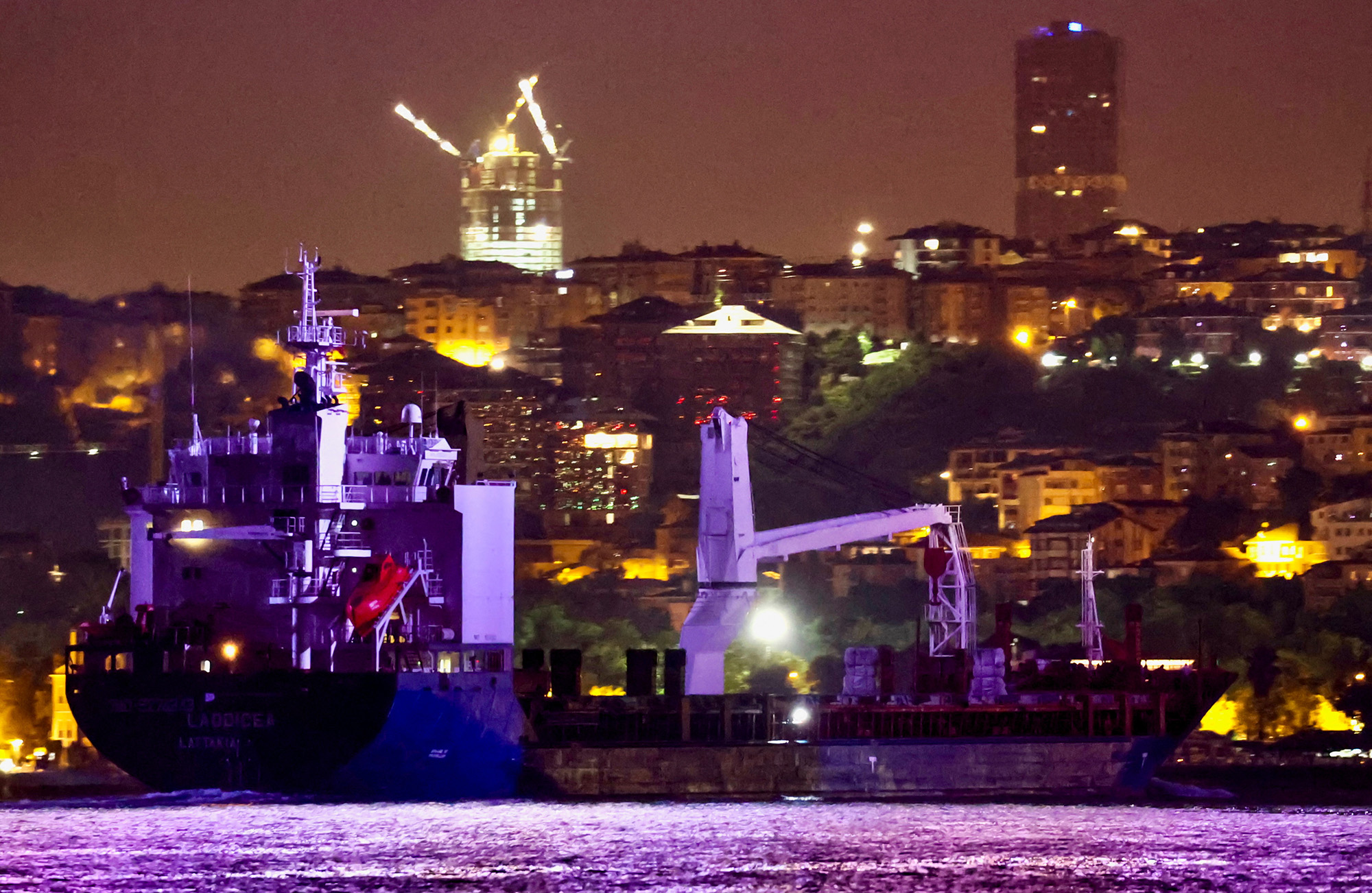Syrian-flagged cargo ship Laodicea on the Bosporus en route to the Mediterranean Sea, in Istanbul, Turkey, on July 23.