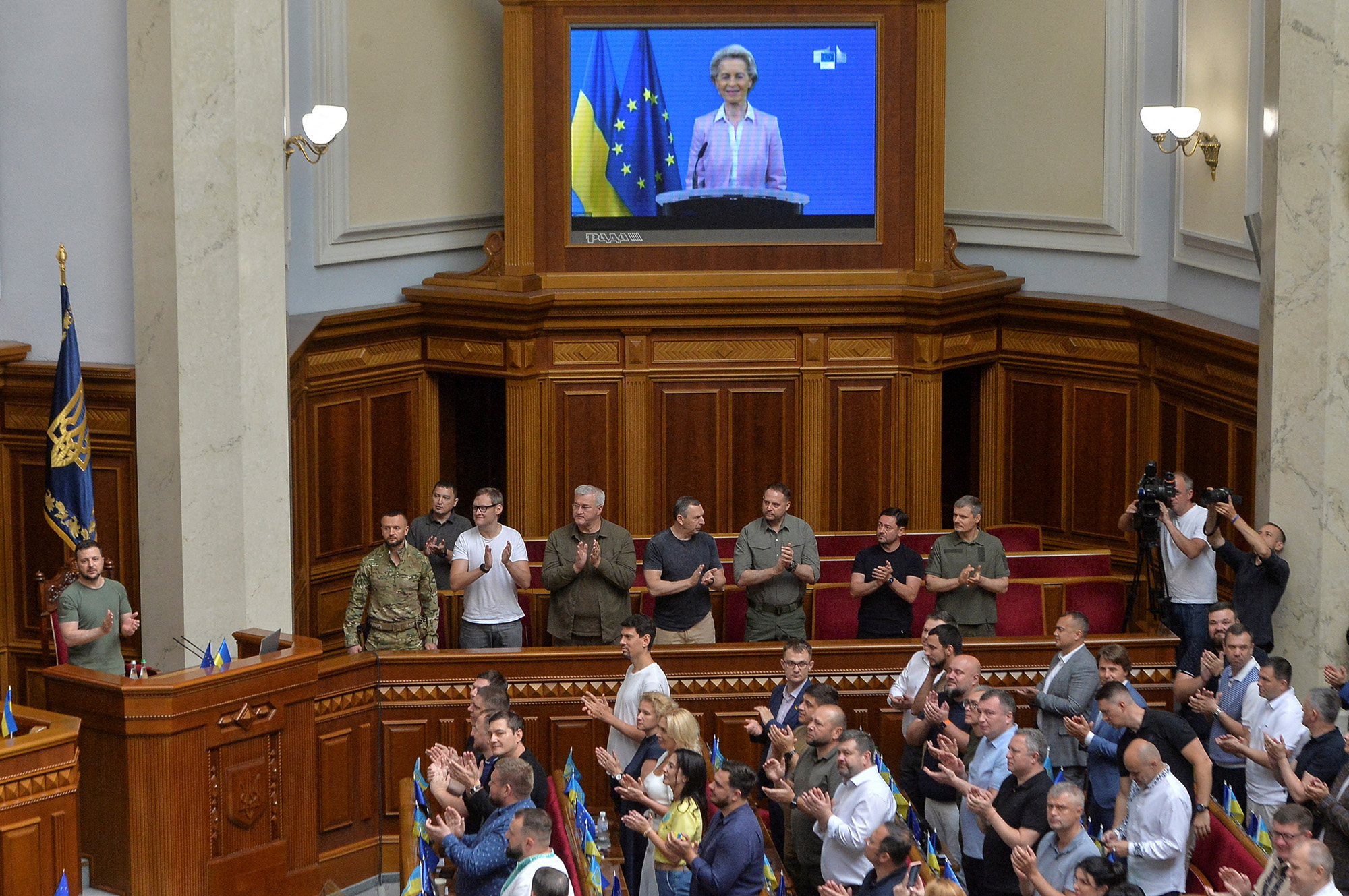 European Commission President Ursula von der Leyen delivers a speech via a video link to Ukrainian lawmakers during a parliament session in Kyiv, Ukraine, on July 1.
