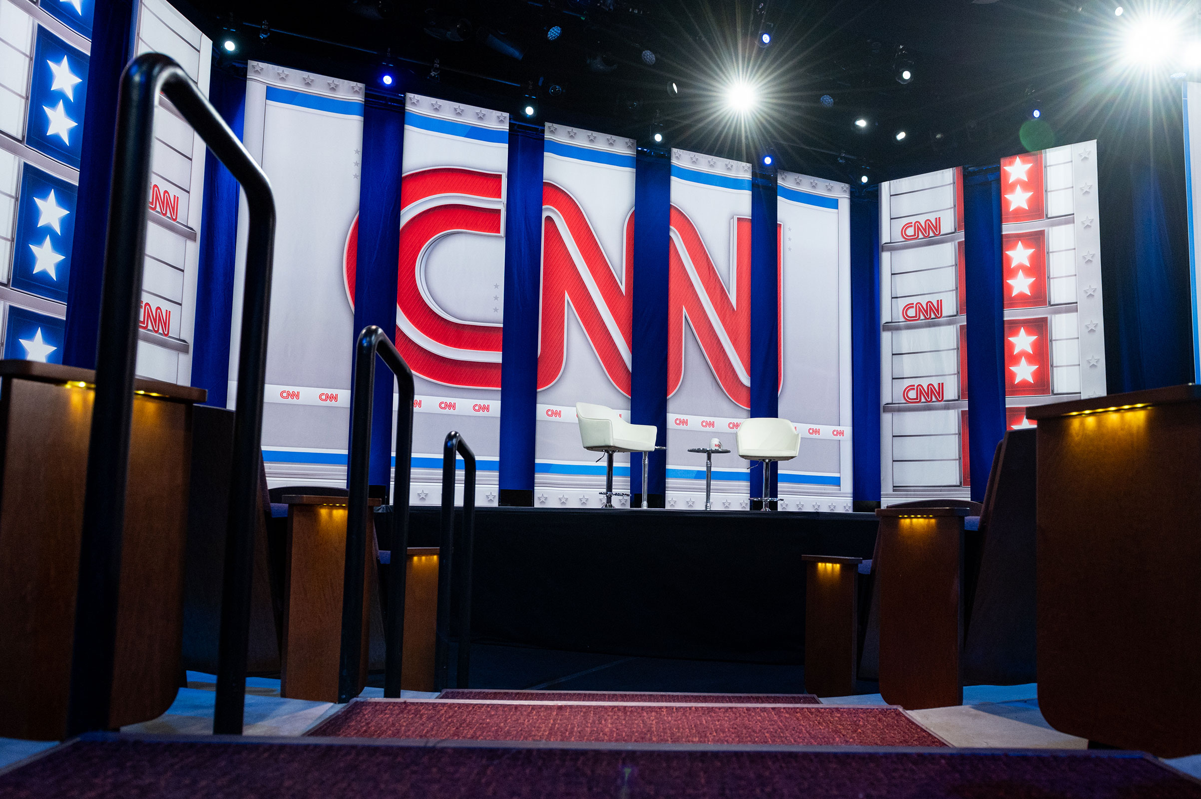 The stage is set ahead of a CNN Republican Presidential Town Hall with former South Carolina Gov. Nikki Haley at New England College in Henniker, New Hampshire, on January 18.