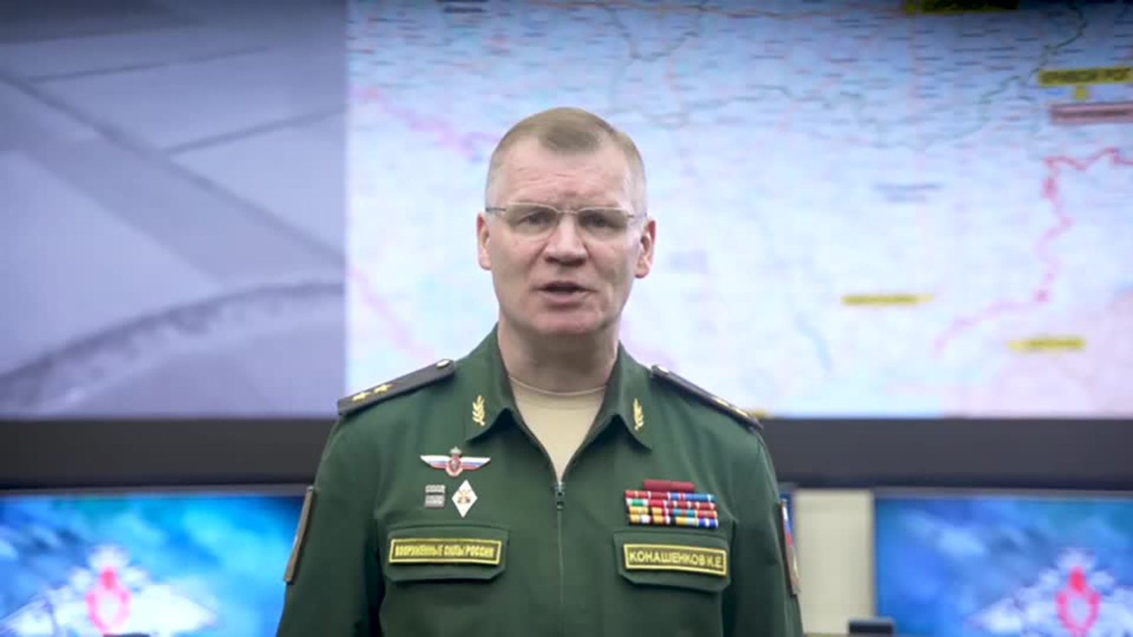 Russian Defense Ministry spokesperson Igor Konashenkov says Russia has taken control of Soledar, Ukraine, on January 13, in this grab from a video.