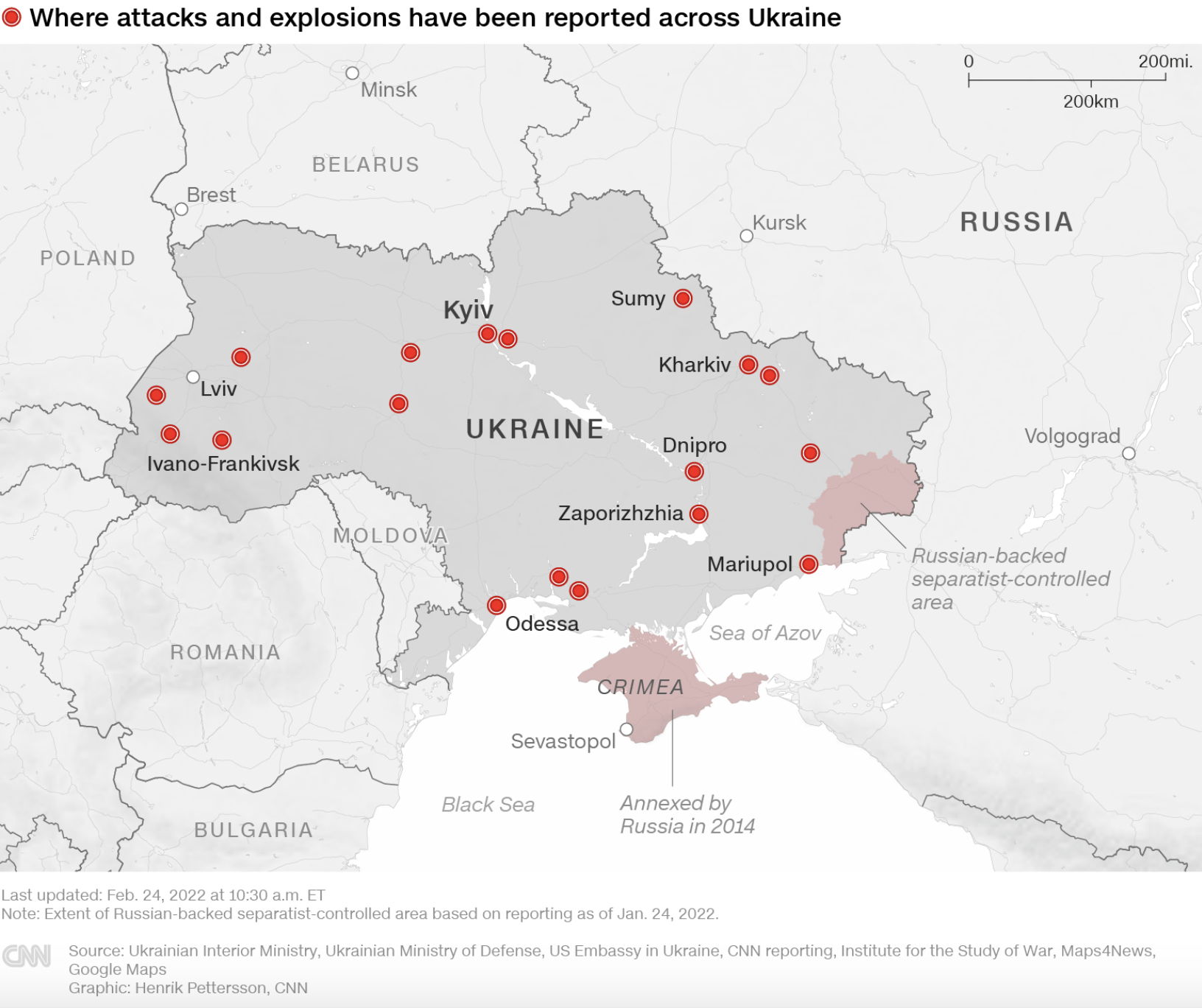 Ukraine locations where attacks and explosions have been reported
