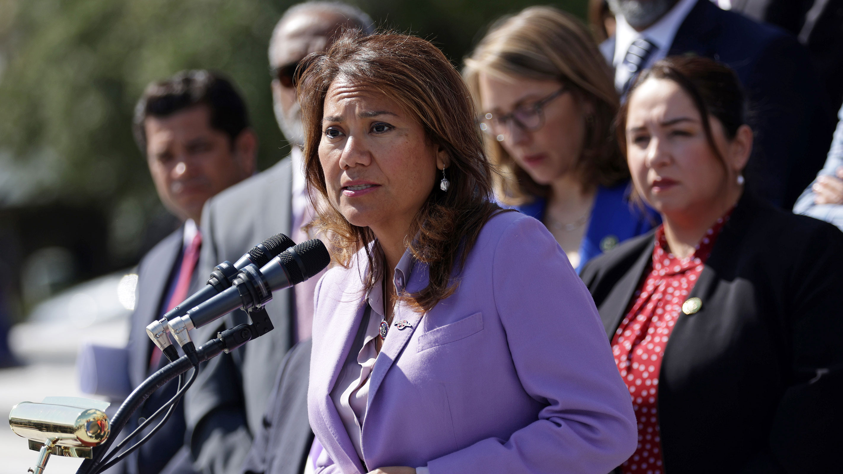 Rep. Veronica Escobar speaks as House Democrats gather for an event on gun violence at the East Front of the U.S. Capitol on March 29, 2023 in Washington, DC. 