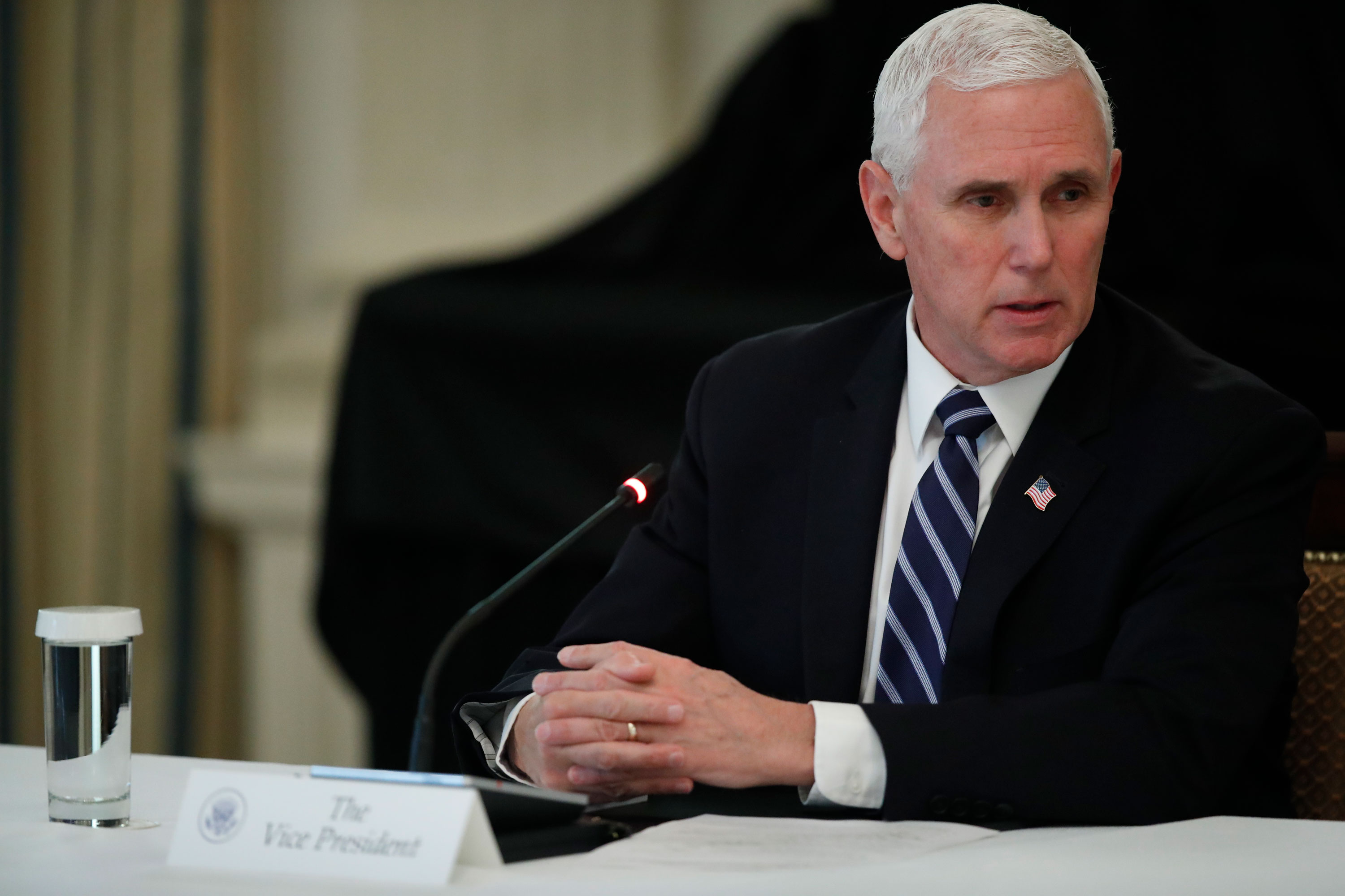 Vice President Mike Pence speaks about reopening the country, during a roundtable with industry executives, in the State Dinning Room of the White House, Wednesday, April 29, in Washington.