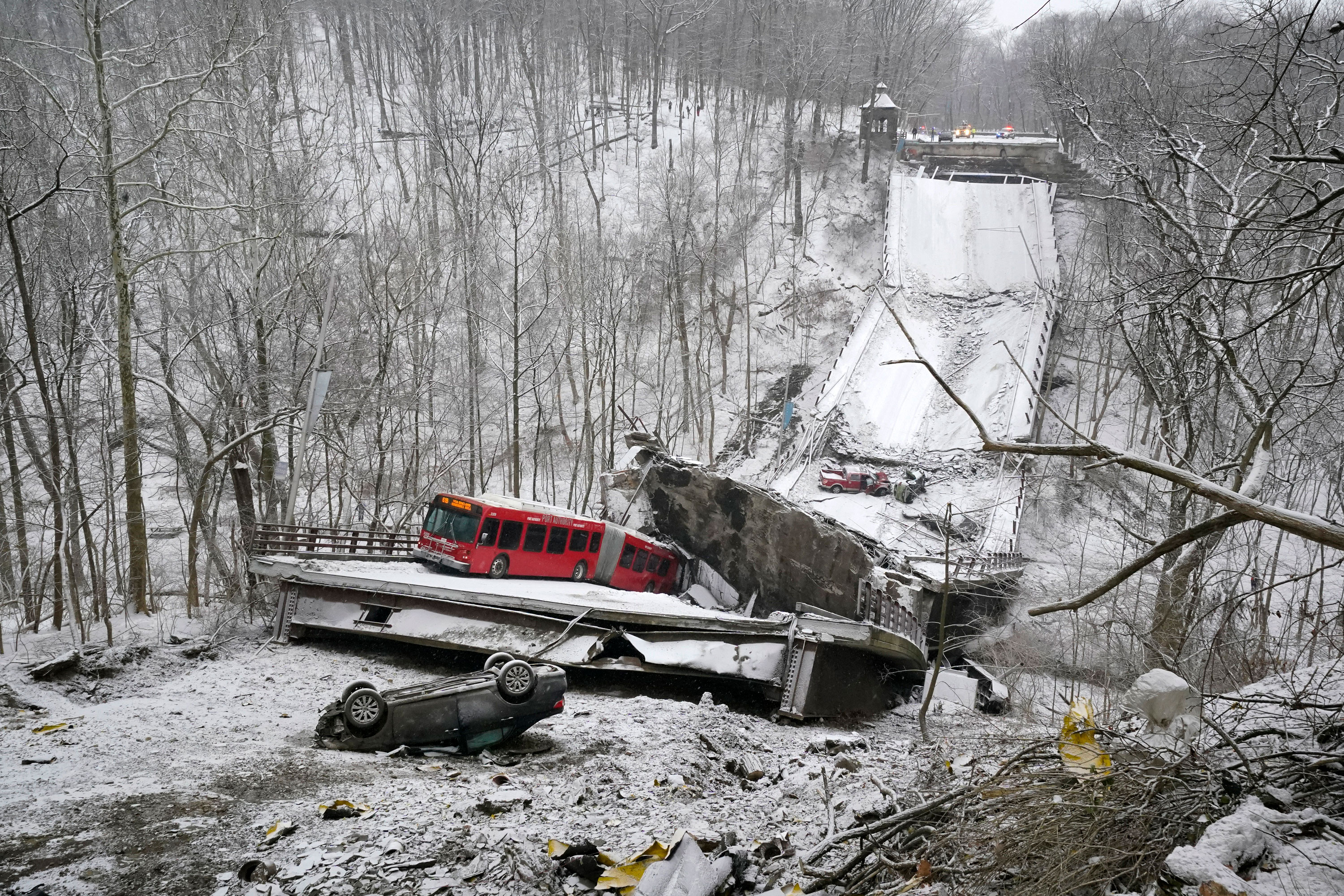 A Port Authority bus that was on the bridge when it collapsed Friday is seen in Pittsburgh.