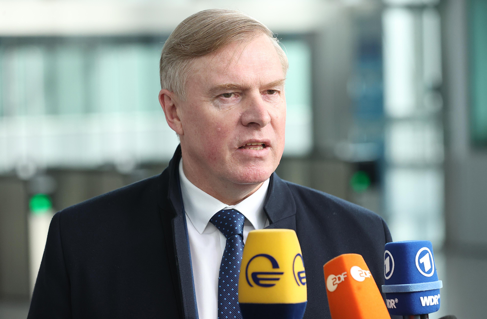 Defense Minister of Estonia Kalle Laanet speaks to the press in Brussels, Belgium on March 16. 
