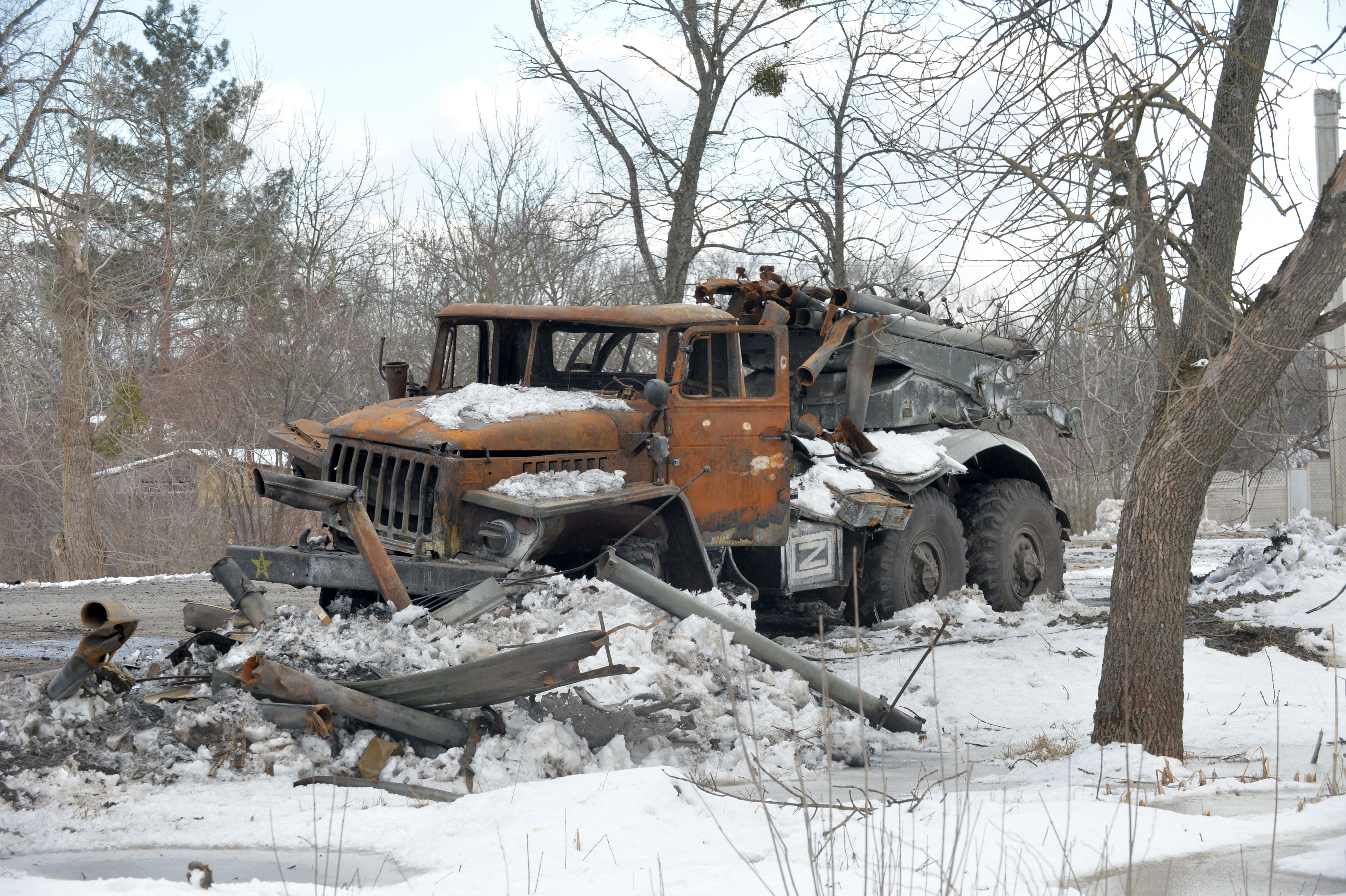 A destroyed Russian army multiple rocket launcher on the outskirts of Kharkiv, Ukraine, on March 16.