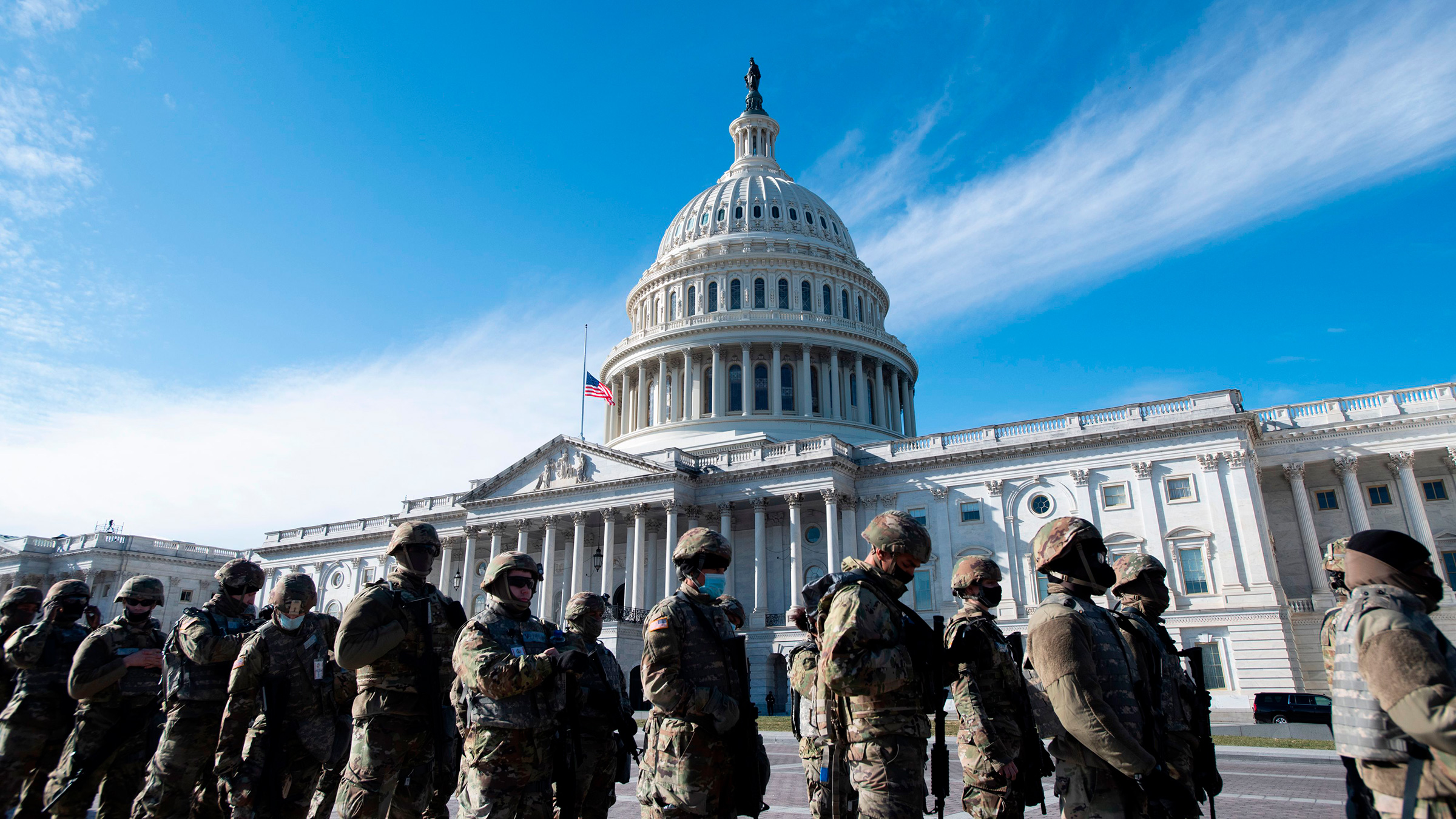 National Guard members are seen outside the US Capitol on January 18, in Washington, DC. 