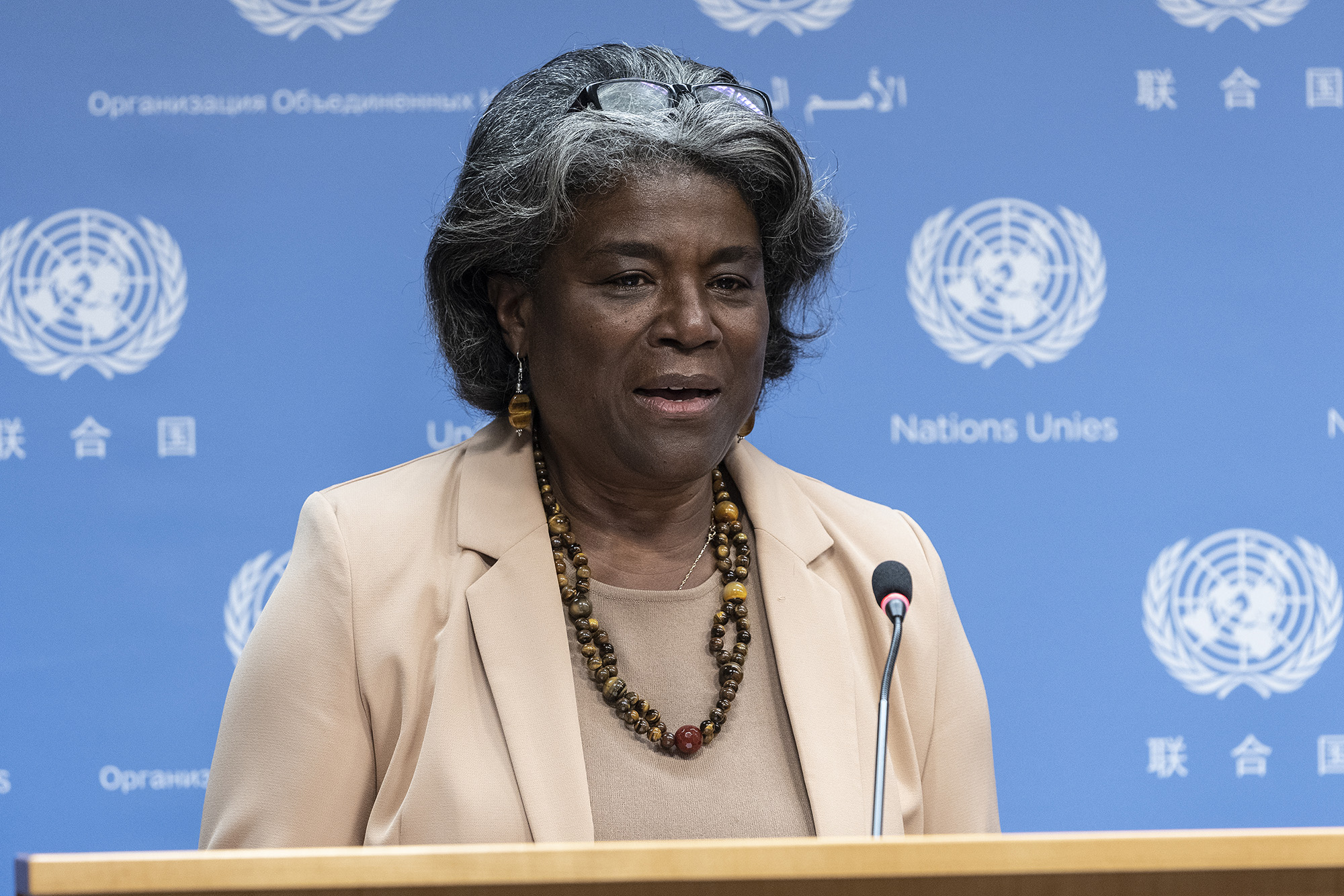 Press briefing by Ambassador Linda Thomas-Greenfield President of the Security Council for the month of May at UN Headquarters in New York on May 3.
