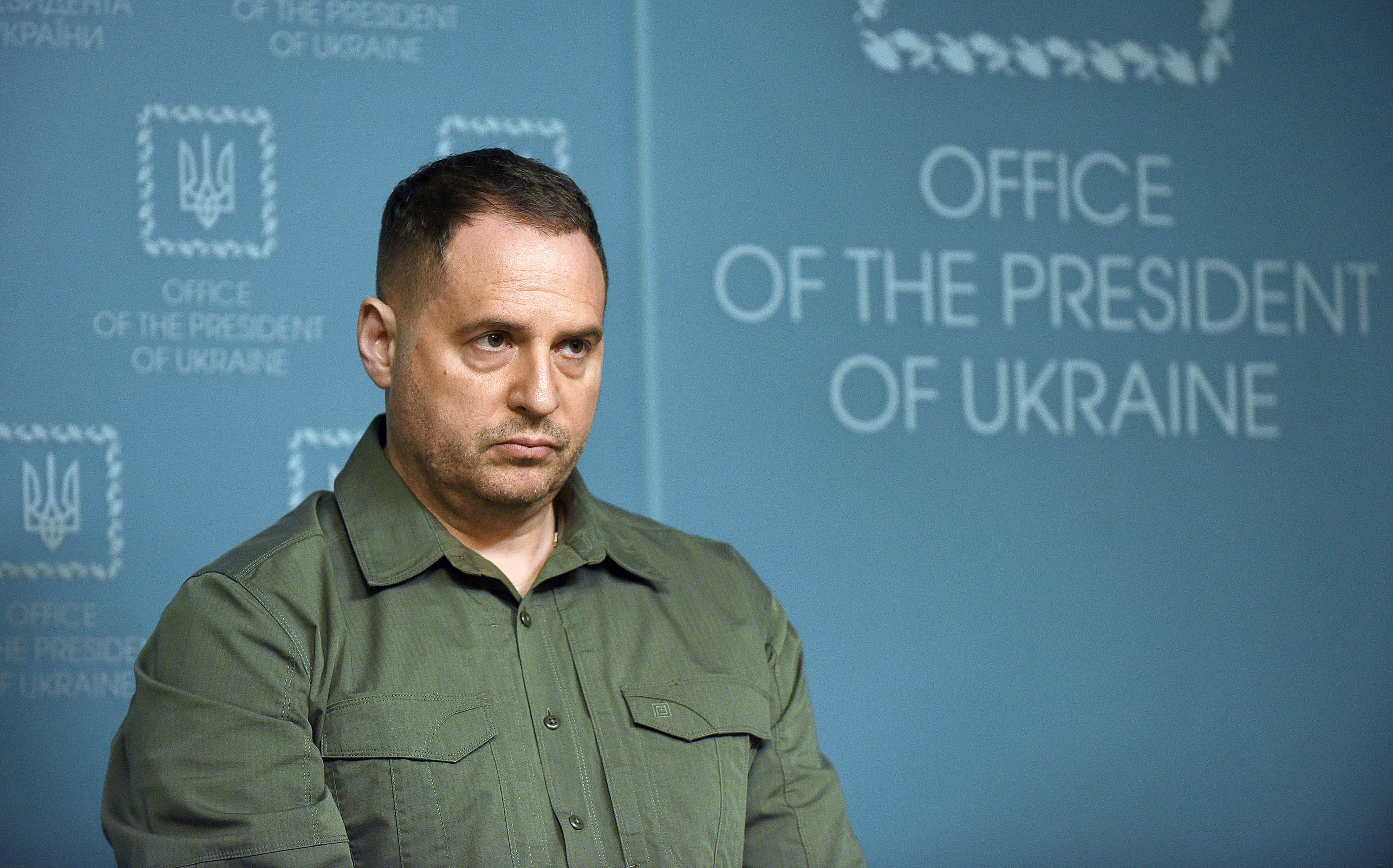 The head of Ukrainian President Volodymyr Zelensky's office, Andriy Yermak, is pictured during a briefing in Kyiv, Ukraine, on June 29.