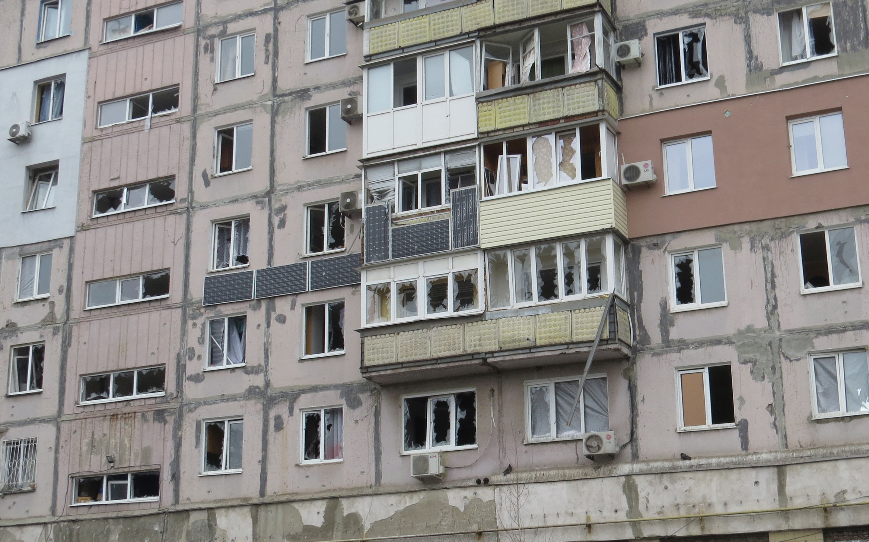 A residential building, in Mariupol, Ukraine, which was allegedly damaged by recent shelling, on February 26.