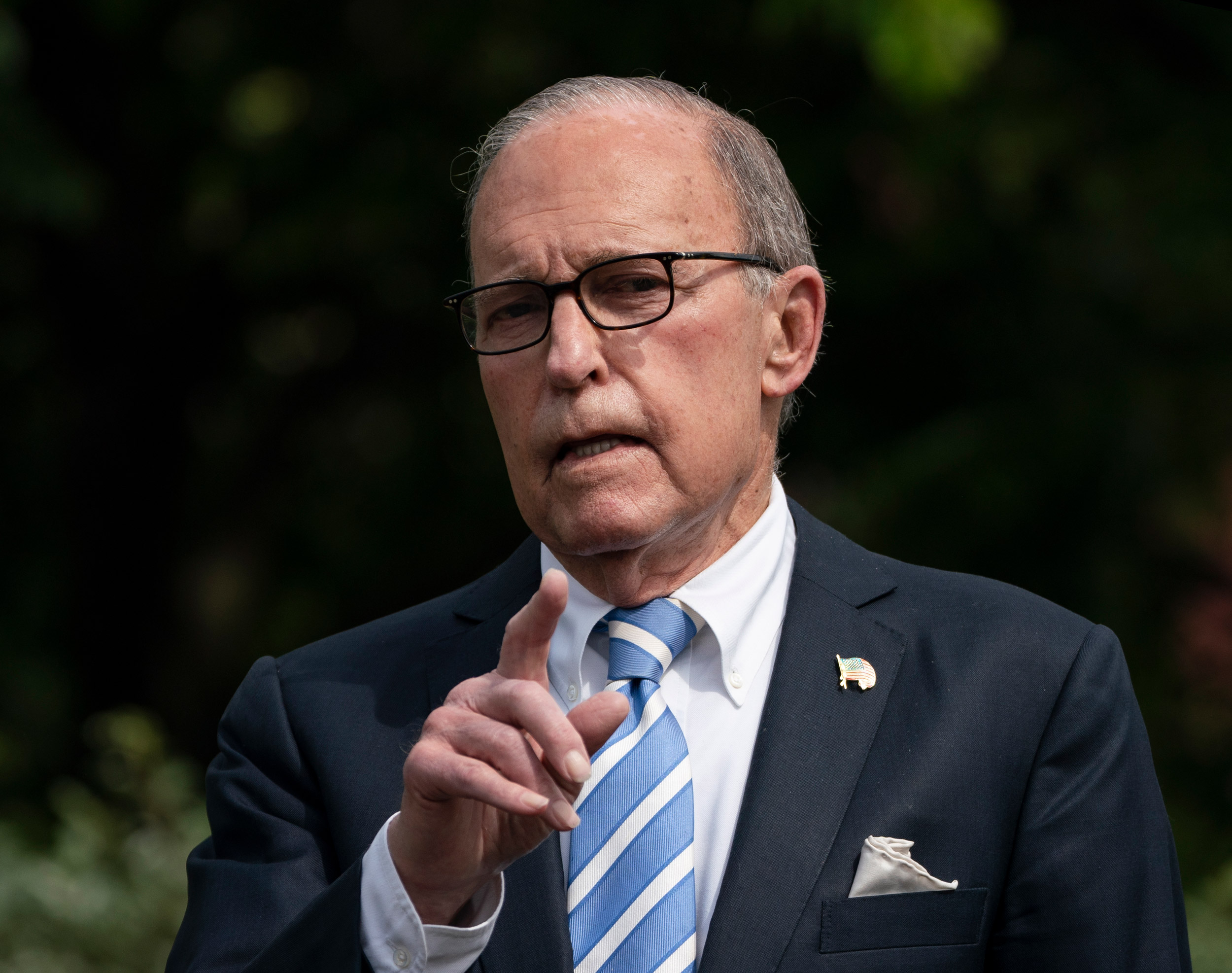 Director of the United States National Economic Council Larry Kudlow speaks to reporters outside the White House on May 15 in Washington, DC. 