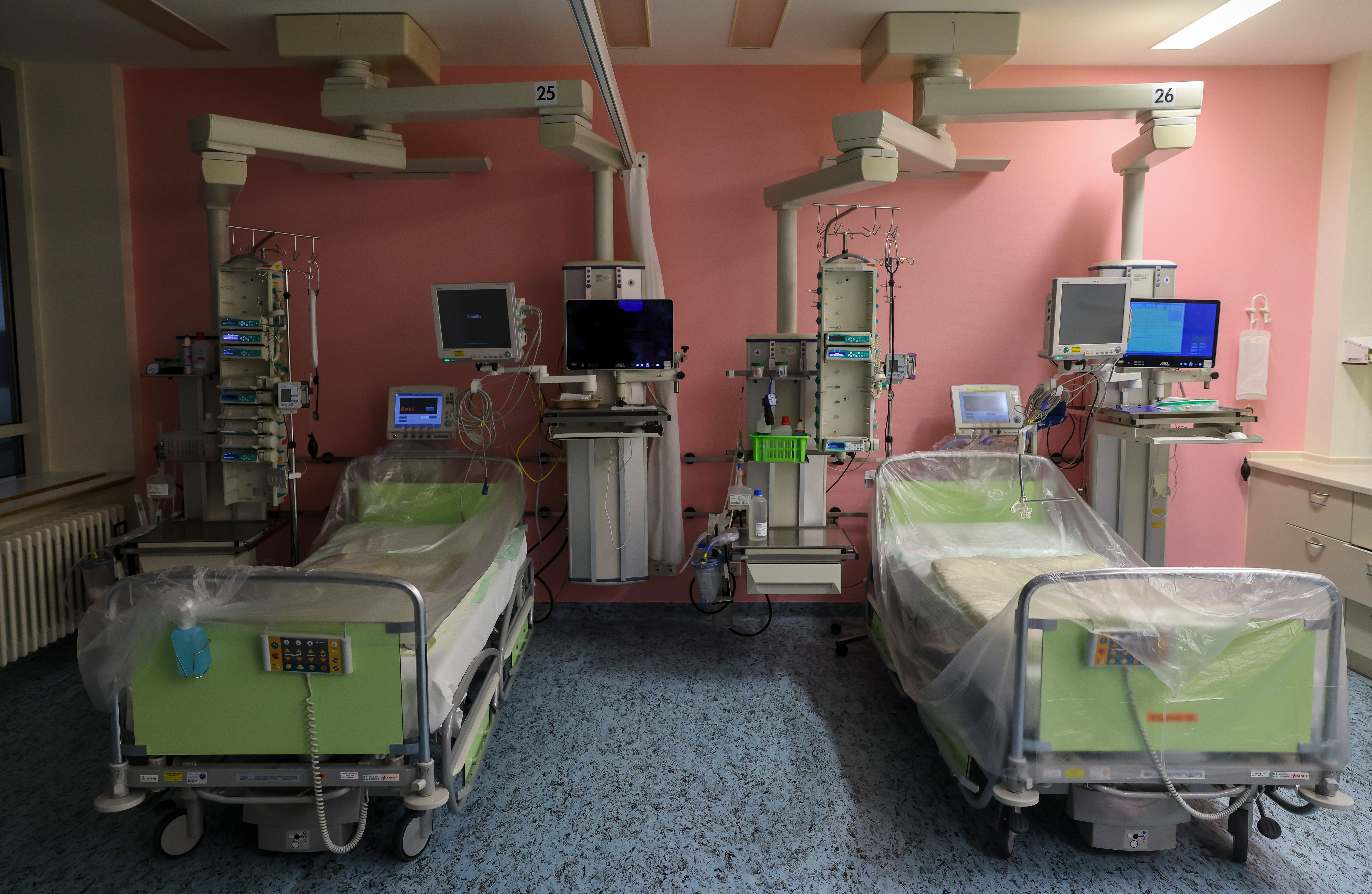 Two empty intensive care beds are located in an additional area of the intensive care unit at Leipzig University Hospital in Germany on November 15.