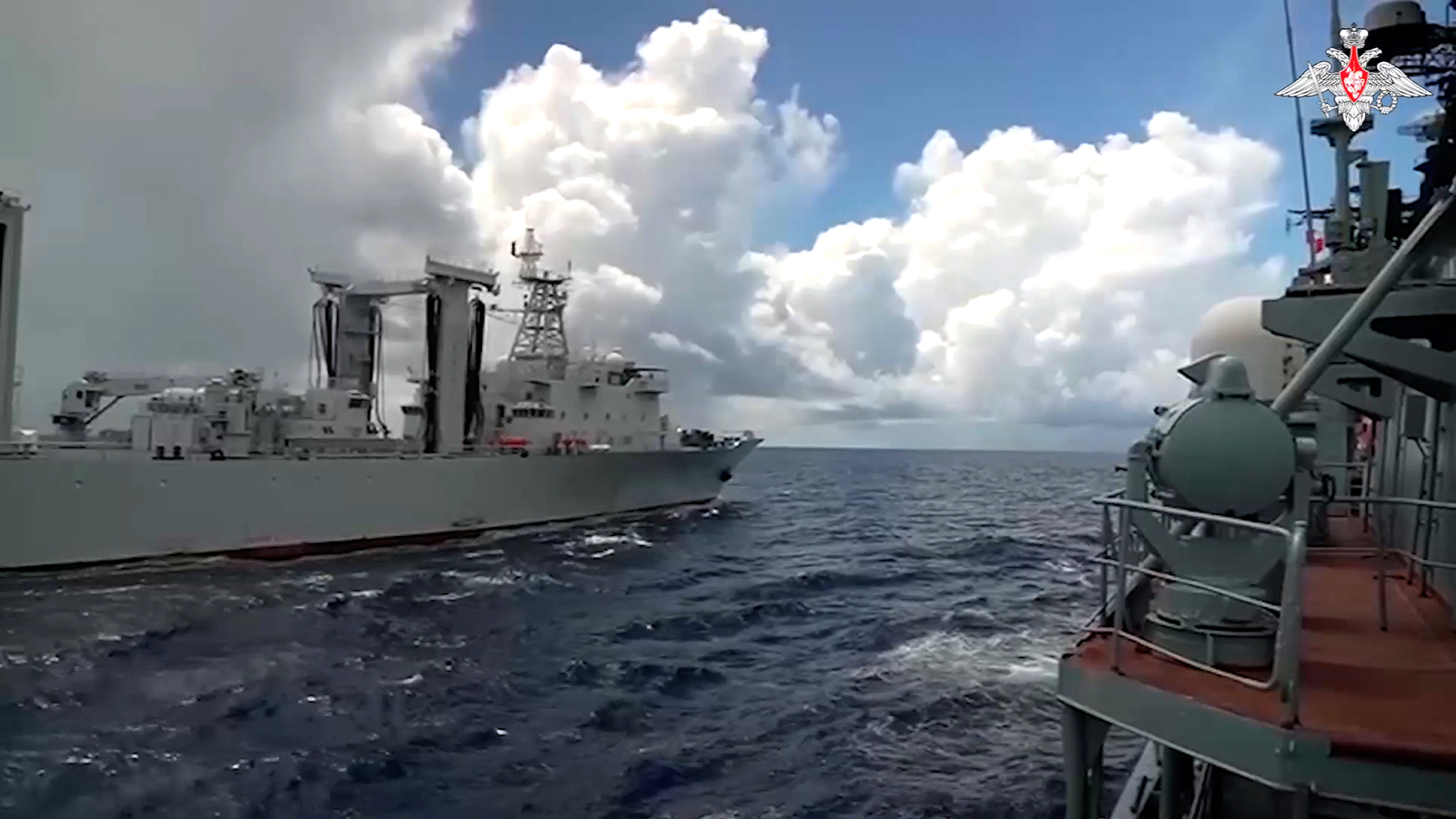 Russian and Chinese warships conduct joint patrols in the Pacific Ocean.