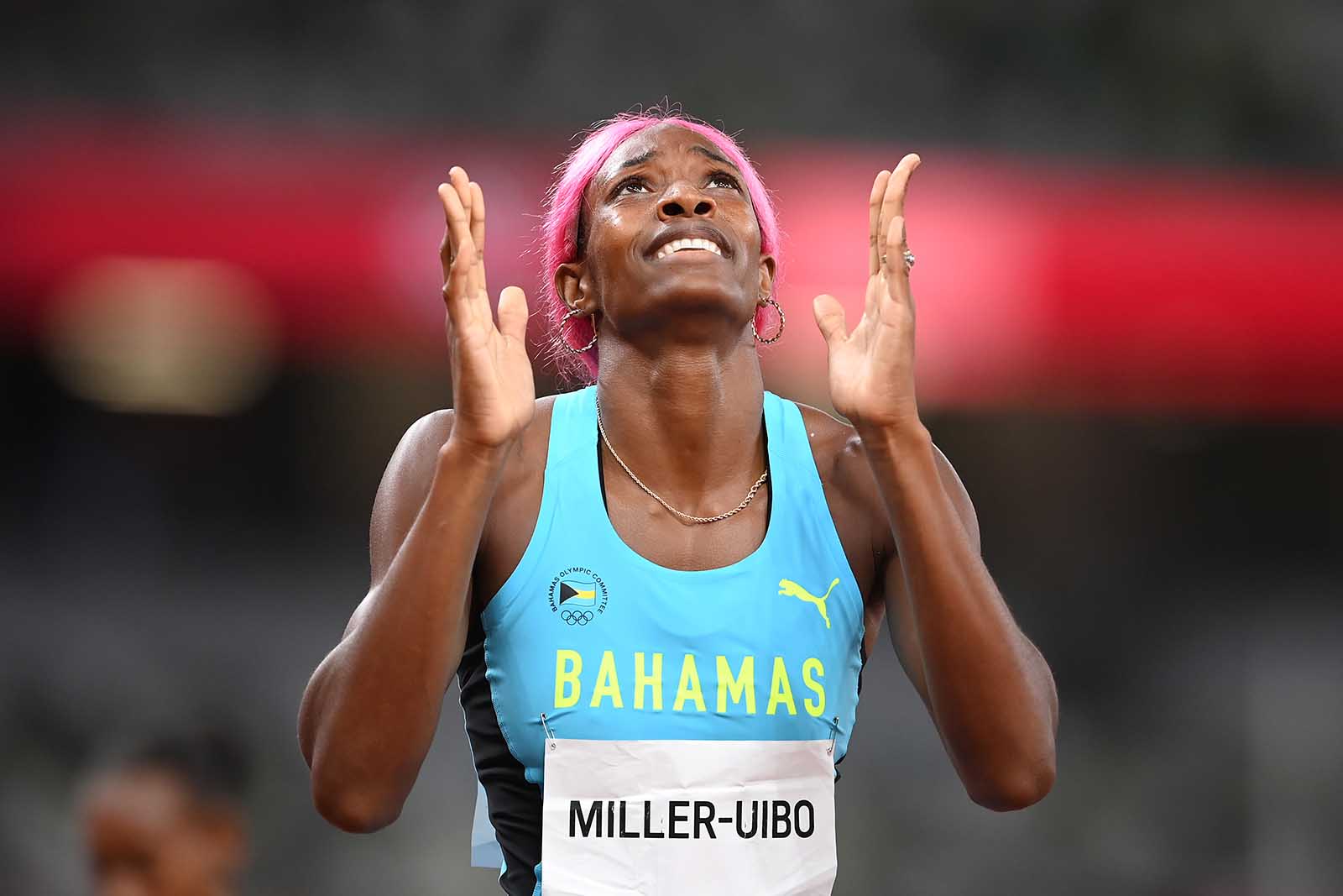 Shaunae Miller-Uibo of Team Bahamas reacts after winning the gold medal in the women's 400 meter final on August 6. 