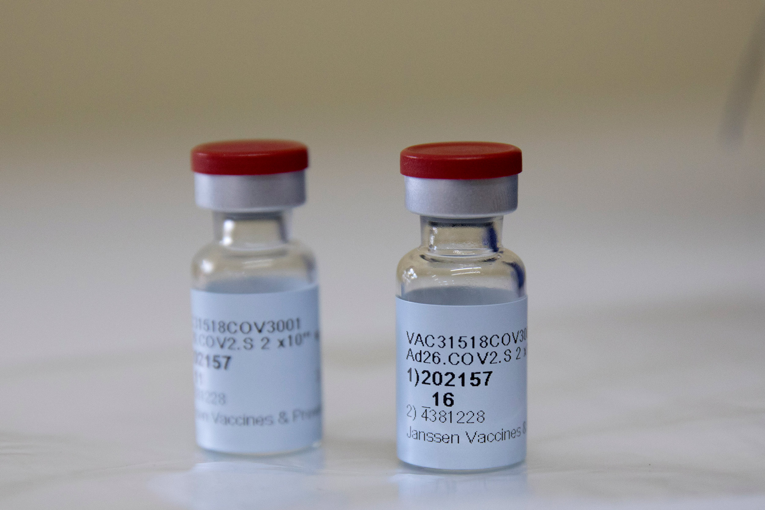 Johnson & Johnson COVID-19 vaccine vials are seen at the Klerksdorp Hospital in Klerksdorp, South Africa, on February 18.