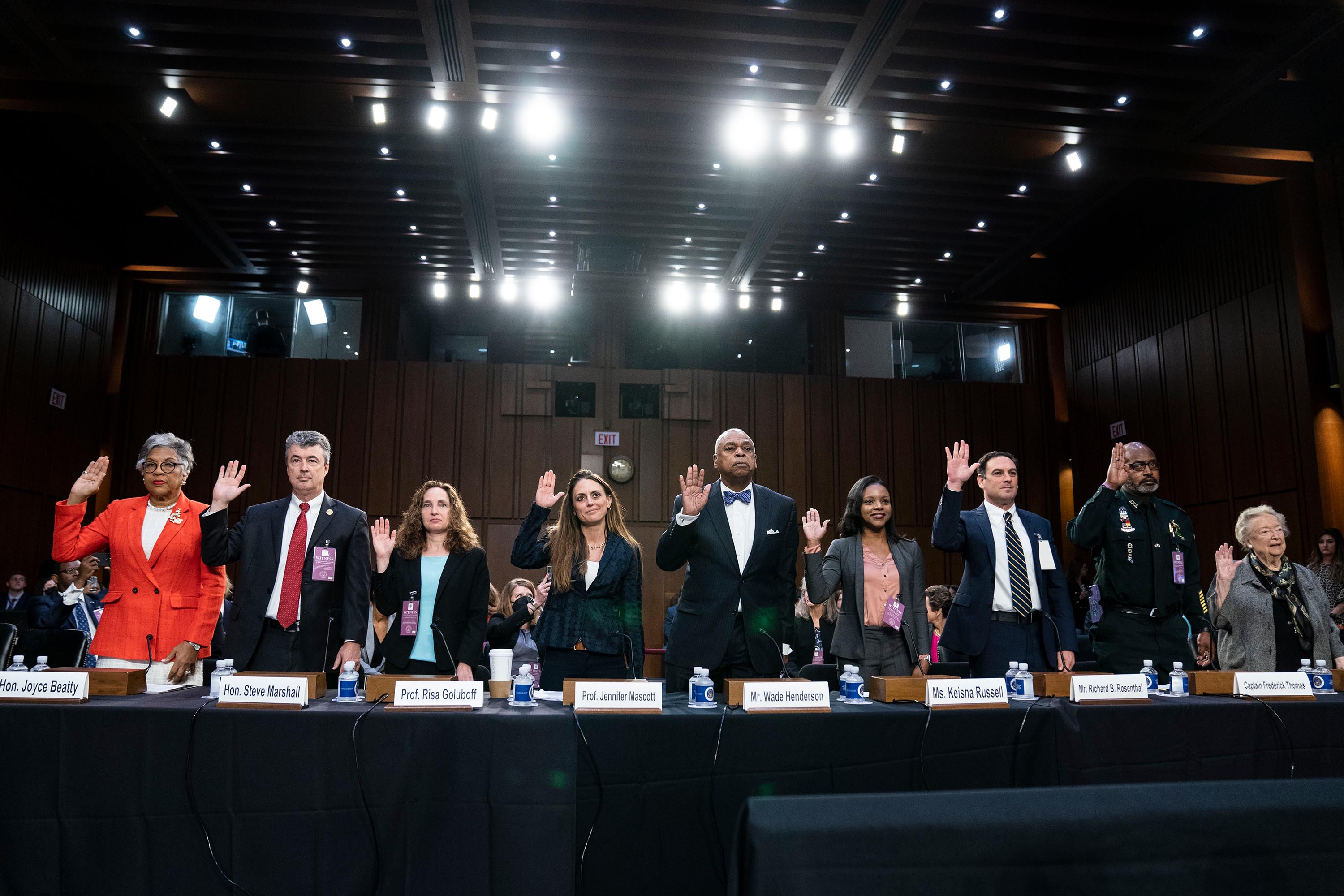 Character witnesses for Judge Ketanji Brown Jackson are sworn in to testify before the Senate Judiciary Committee on the fourth day of Judge Jackson’s confirmation hearing on Capitol Hill on Thursday, March 24.