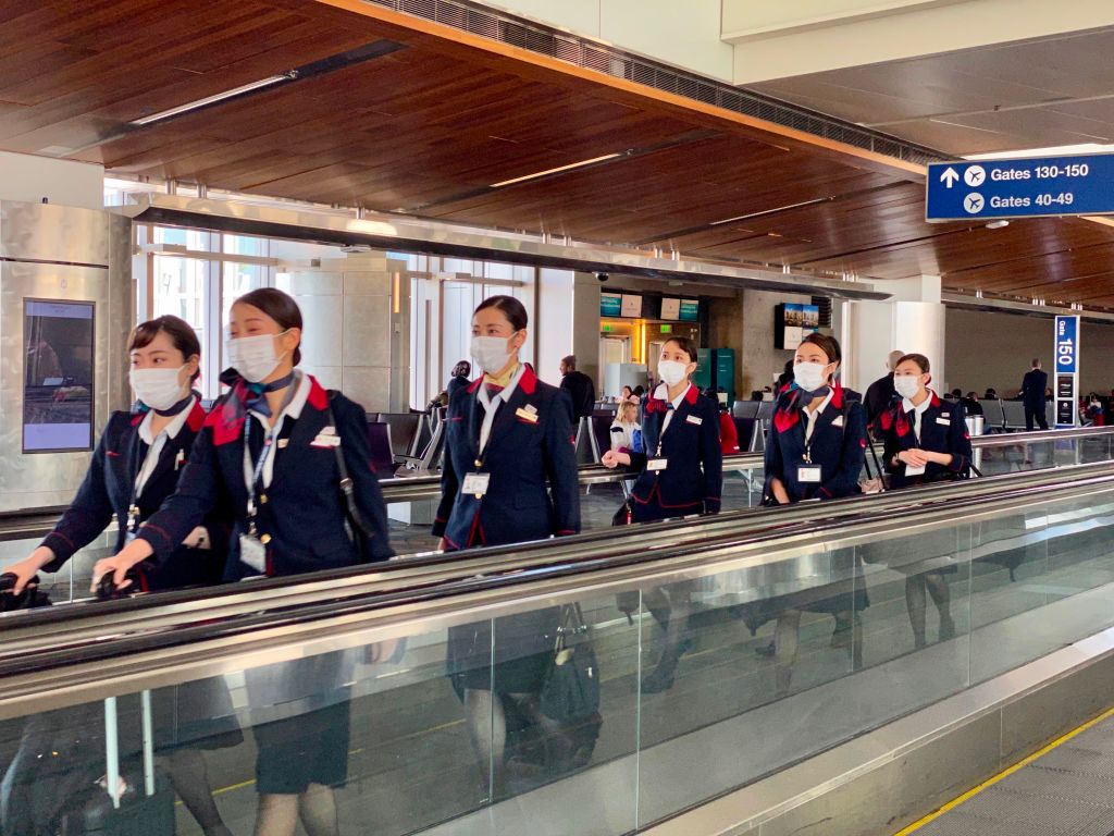 Japanese airline crew at Los Angeles International Airport on February 12.