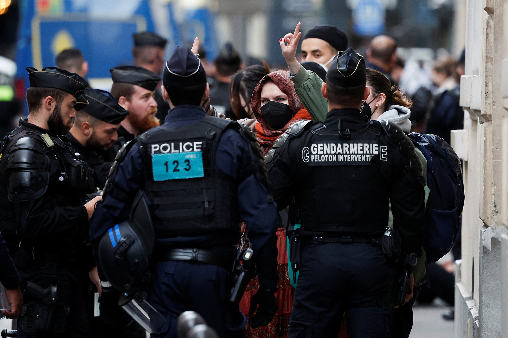 Police escort protesters during the evacuation of Sciences Po University in Paris, France, on May 3. 