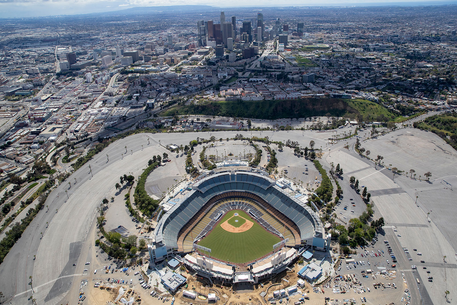 An aerial view of Dodger Stadium in Los Angeles on March 25.
