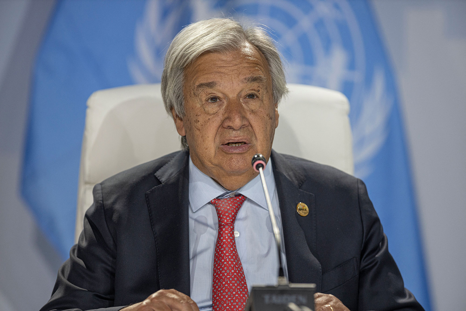 Antonio Guterres talks at a press conference in Johannesburg on August 24.