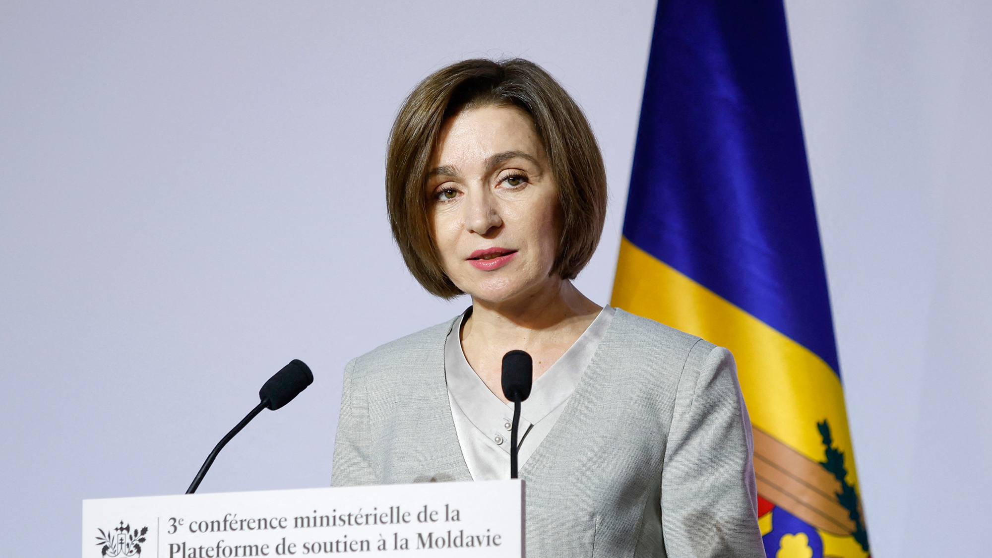 In this November 2022 photo, Moldovan President Maia Sandu gives a speech in Paris.