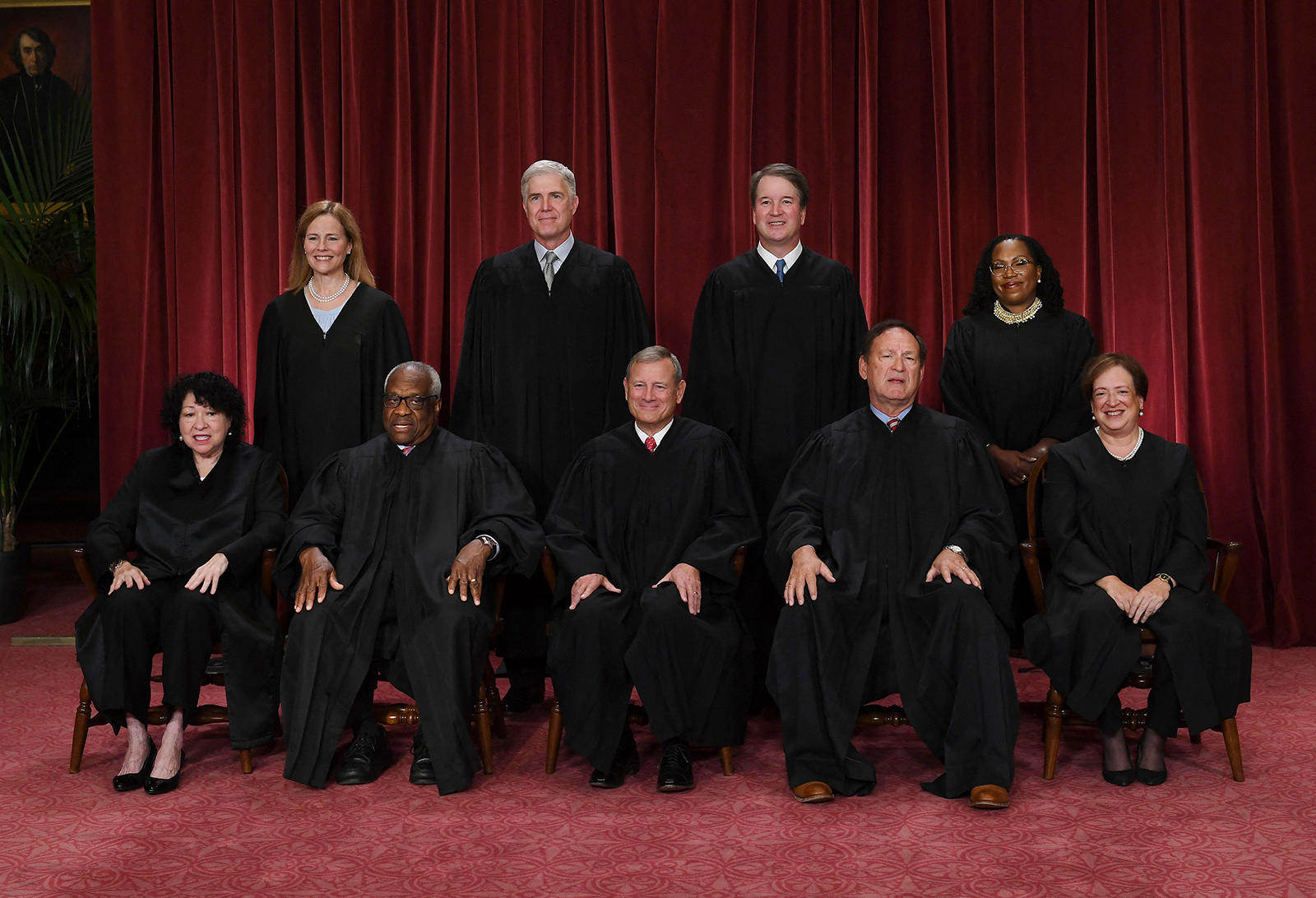 Justices of the U.S. Supreme Court pose for their official photo at the Supreme Court in Washington, DC on October 7, 2022. (Seated from left) Associate Justice Sonia Sotomayor, Associate Justice Clarence Thomas, Chief Justice John Roberts, Associate Justice Samuel Alito and Associate Justice Elena Kagan, (Standing behind from left) Associate Justice Amy Coney Barrett, Associate Justice Neil Gorsuch, Associate Justice Brett Kavanaugh and Associate Justice Ketanji Brown Jackson. 