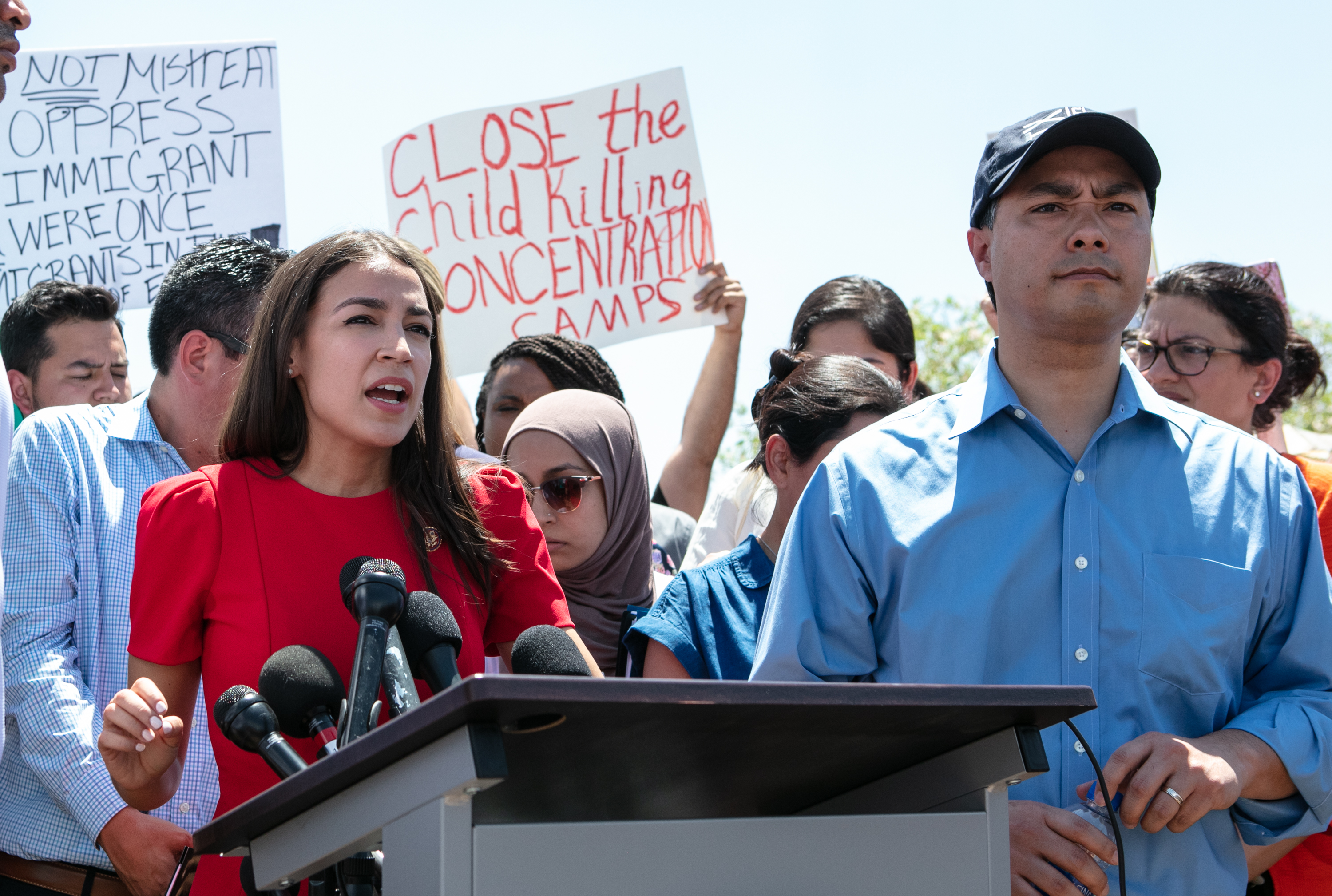 Rep. Alexandria Ocasio-Cortez (D-NY) addresses the media after touring a Border Patrol facility housing children on July 1, 2019 in Clint, Texas.