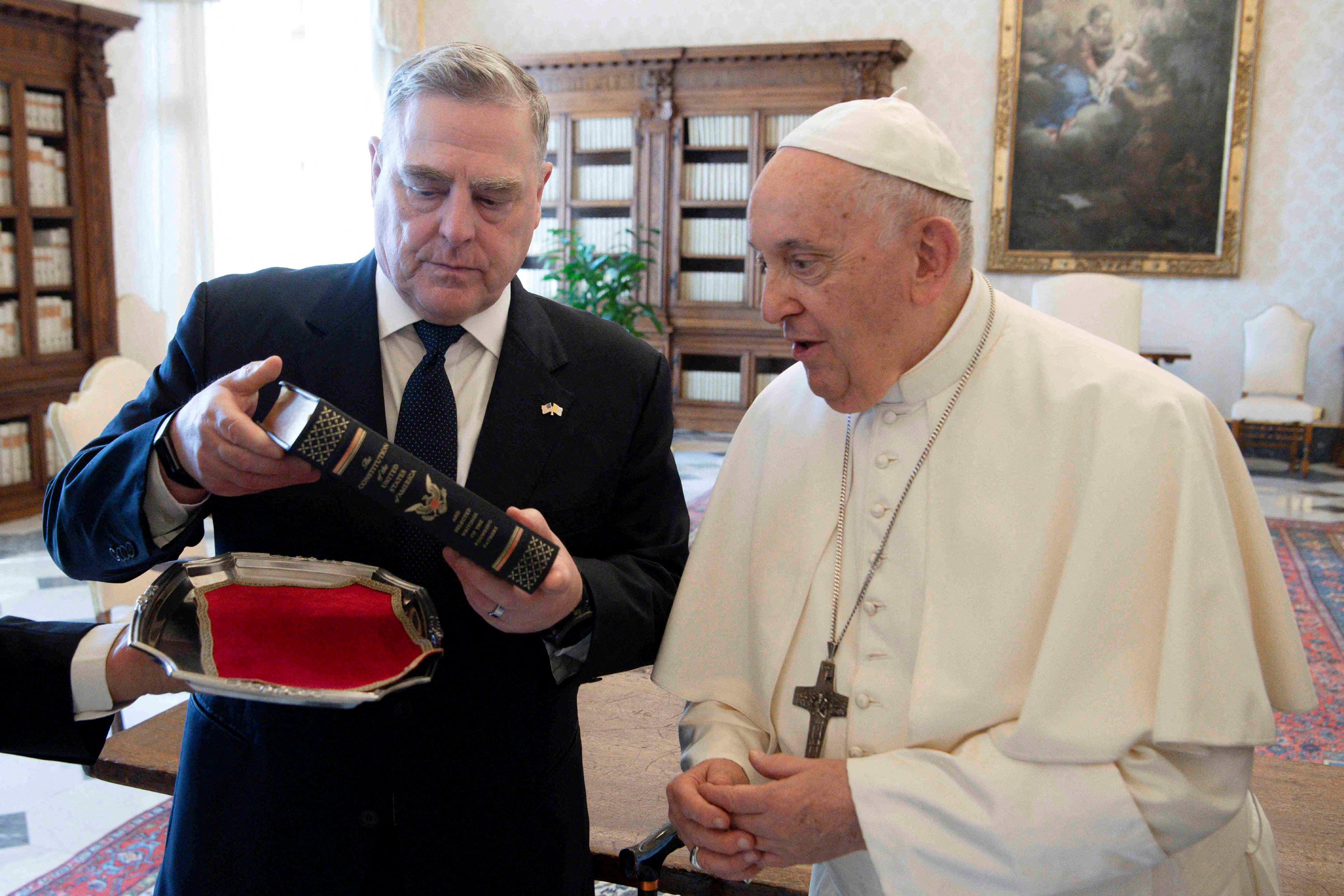 Pope Francis meets with U.S. Chairman of the Joint Chiefs of Staff General Mark A. Milley at the Vatican on August 21, 2023.